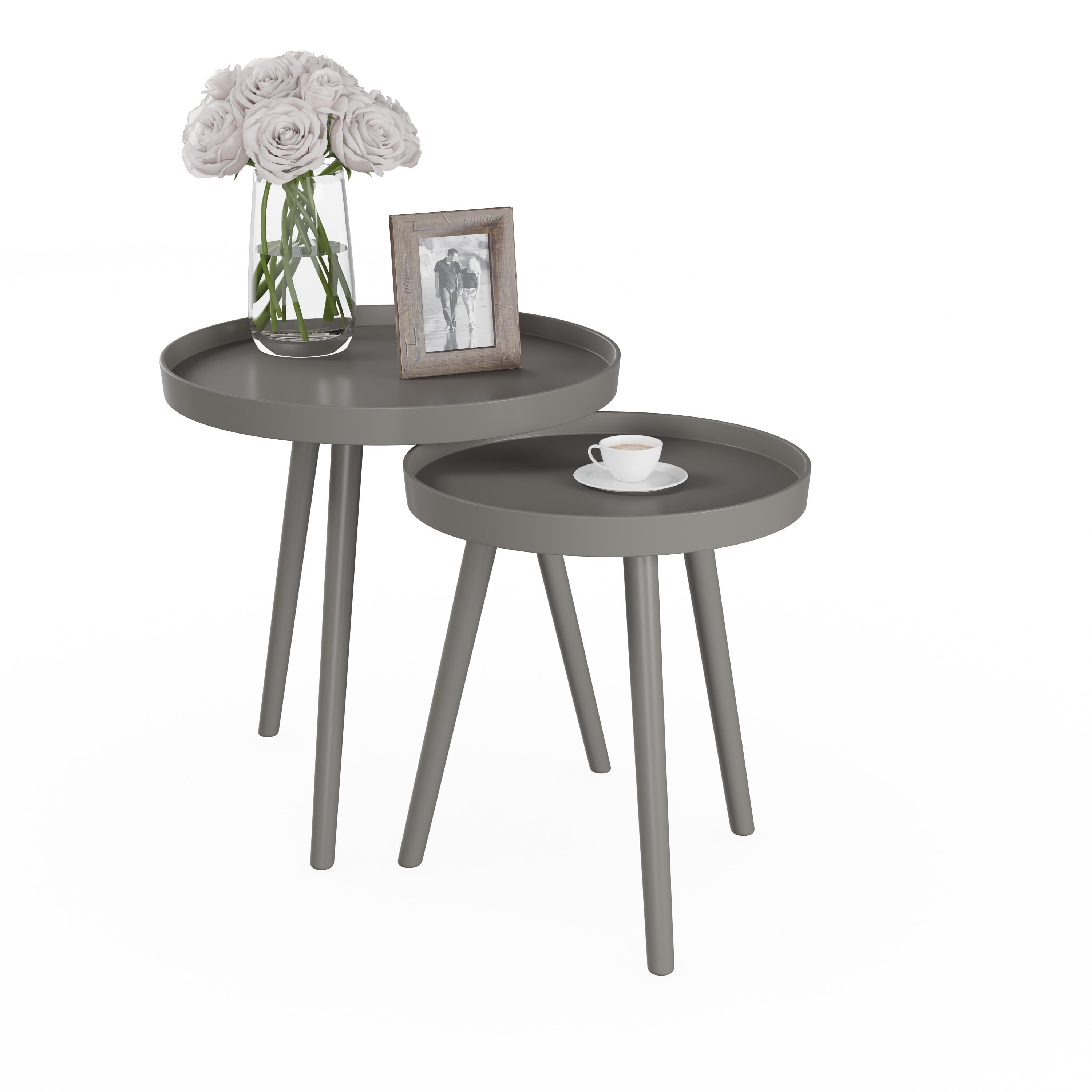 Lavish Home Set of 2 Round Nesting End Tables with Tray Tops, Gray - Image 8