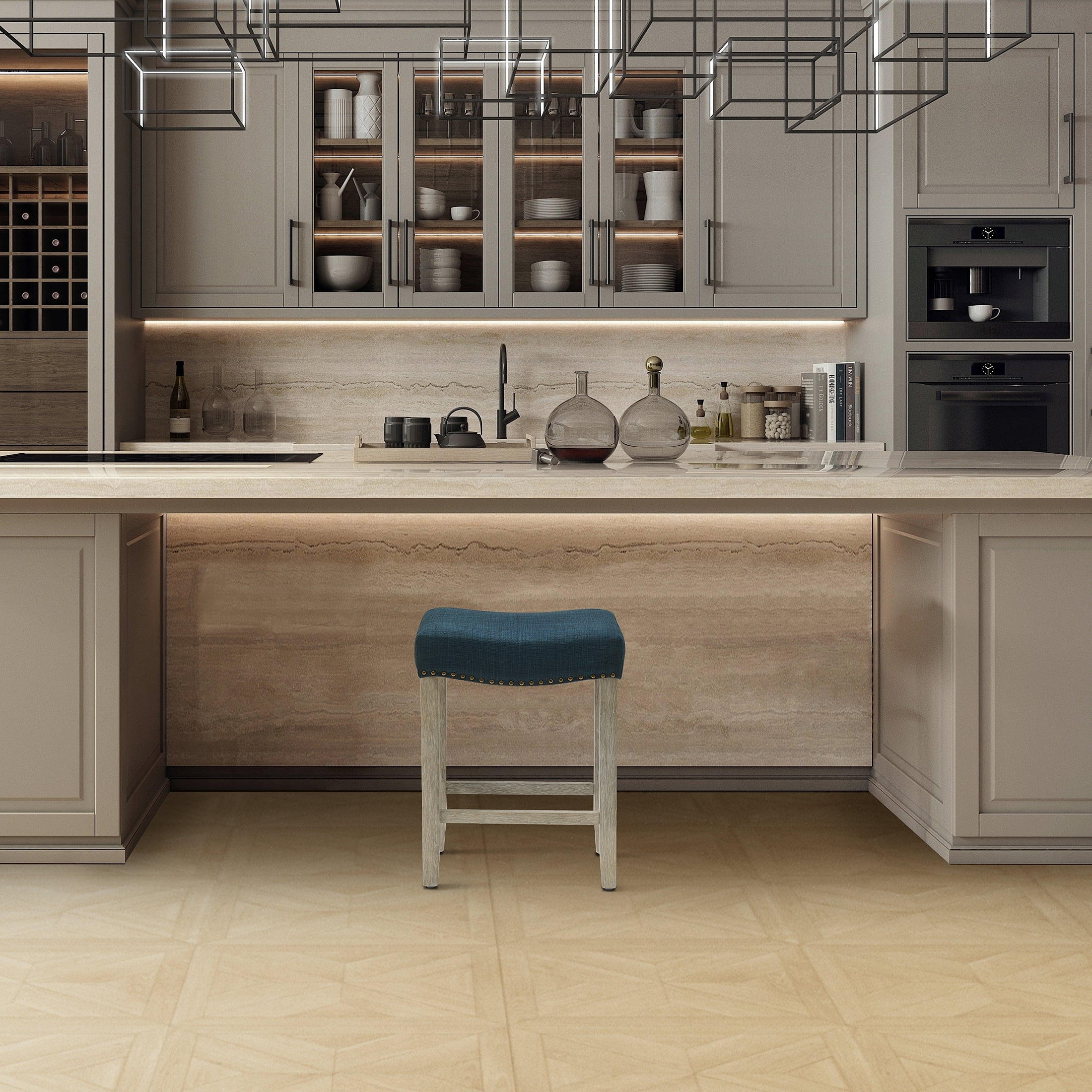 24" Inch Upholstered Saddle Seat Bar Stool, Antique Gray/Navy Blue - Image 4