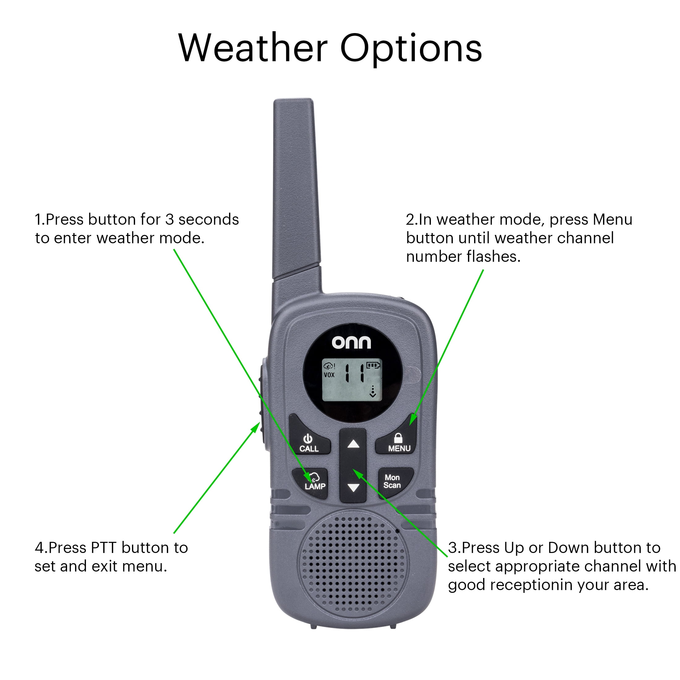 onn 23 Mile Range Walkie Talkies with Two Way Radios, LED Light and 22 FRS Channel Options, 3 Count - Image 11