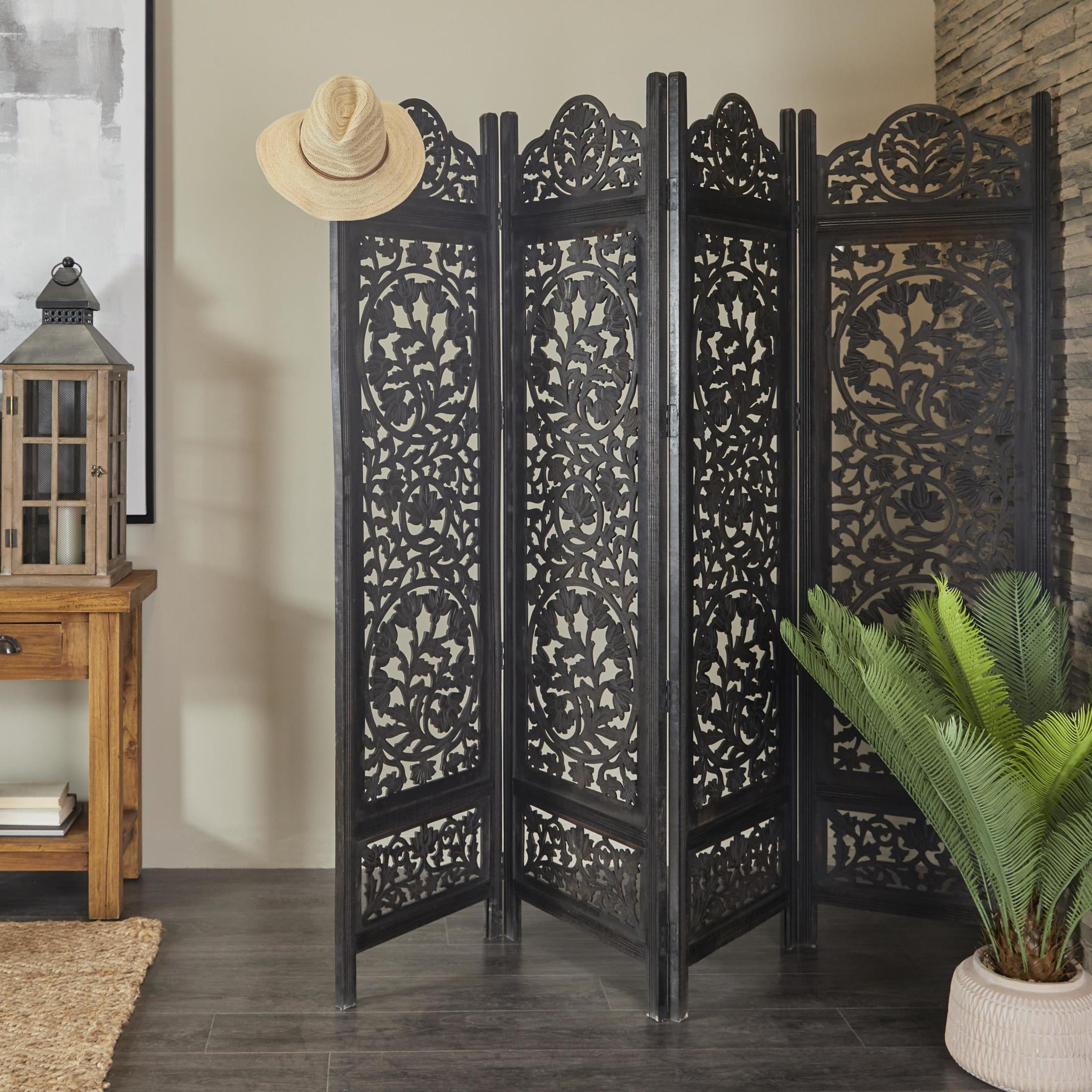 DecMode 80" x 72" Black Wood Floral Handmade Foldable Partition Carved 4 Panel Room Divider Screen, 1-Piece - Image 11