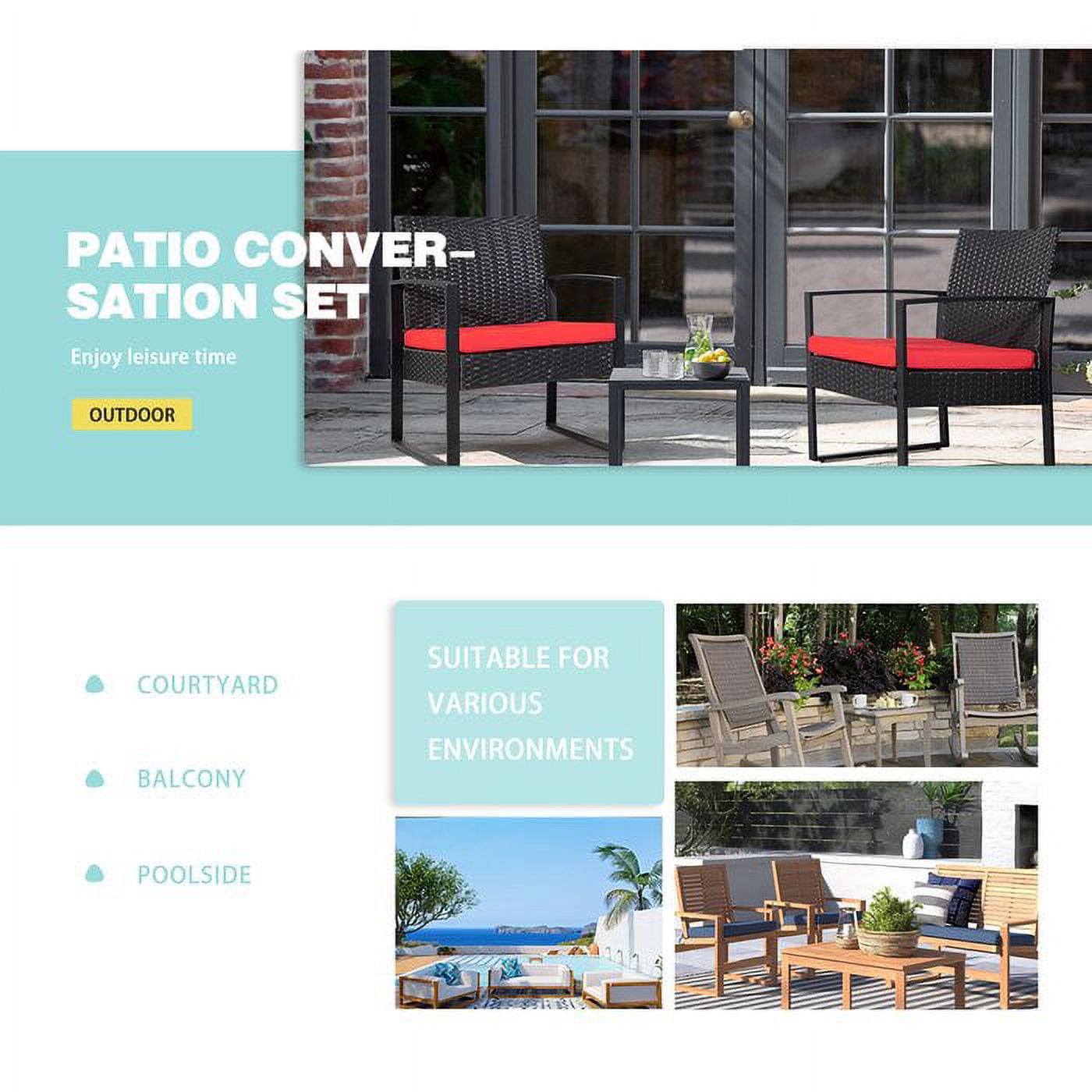 Vineego 3 Pieces Bistros Sets Outdoor Wicker Patio Furniture Sets PE Rattan Chairs Conversation Sets with table, Red - Image 6