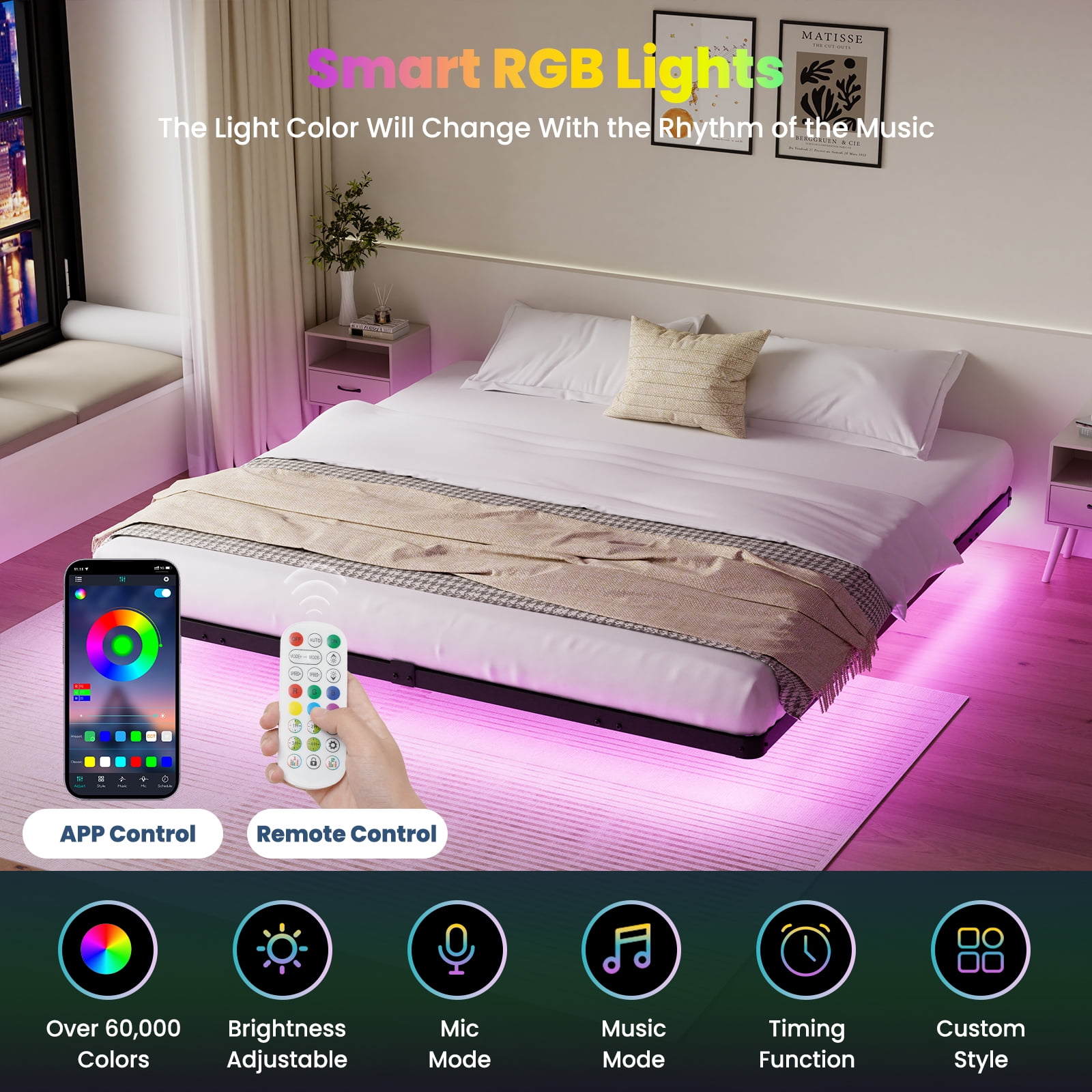 Lusimo King Size Floating Bed Frame with LED Lights Bed Storage Metal Platform Bed Frames with Steel Slat Support Anti-Slip Easy Assembly, Black - Image 4