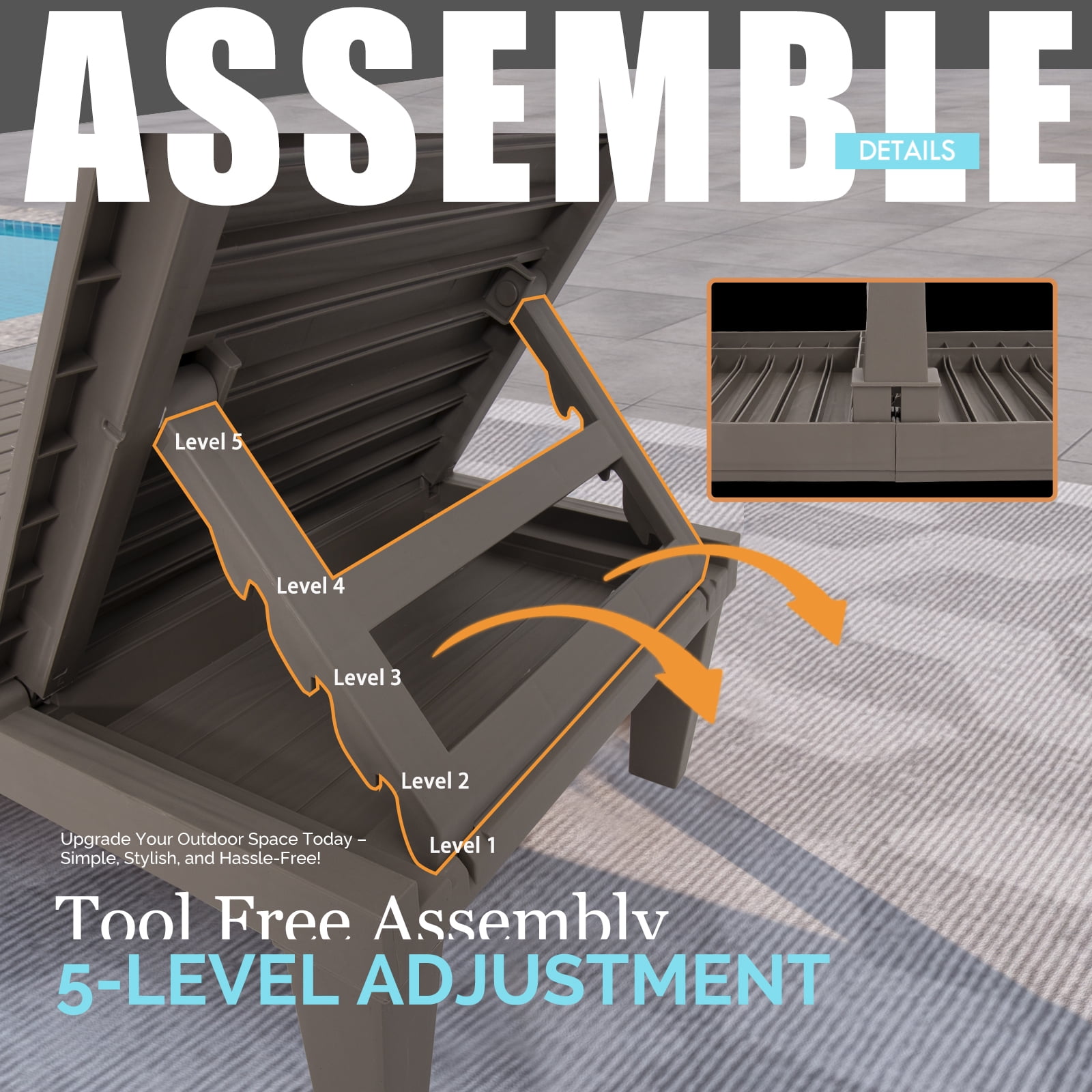 DIMAR GARDEN Outdoor Patio Resin Chaise Lounge Recliner with Adjustable Backrest Brown - Image 3