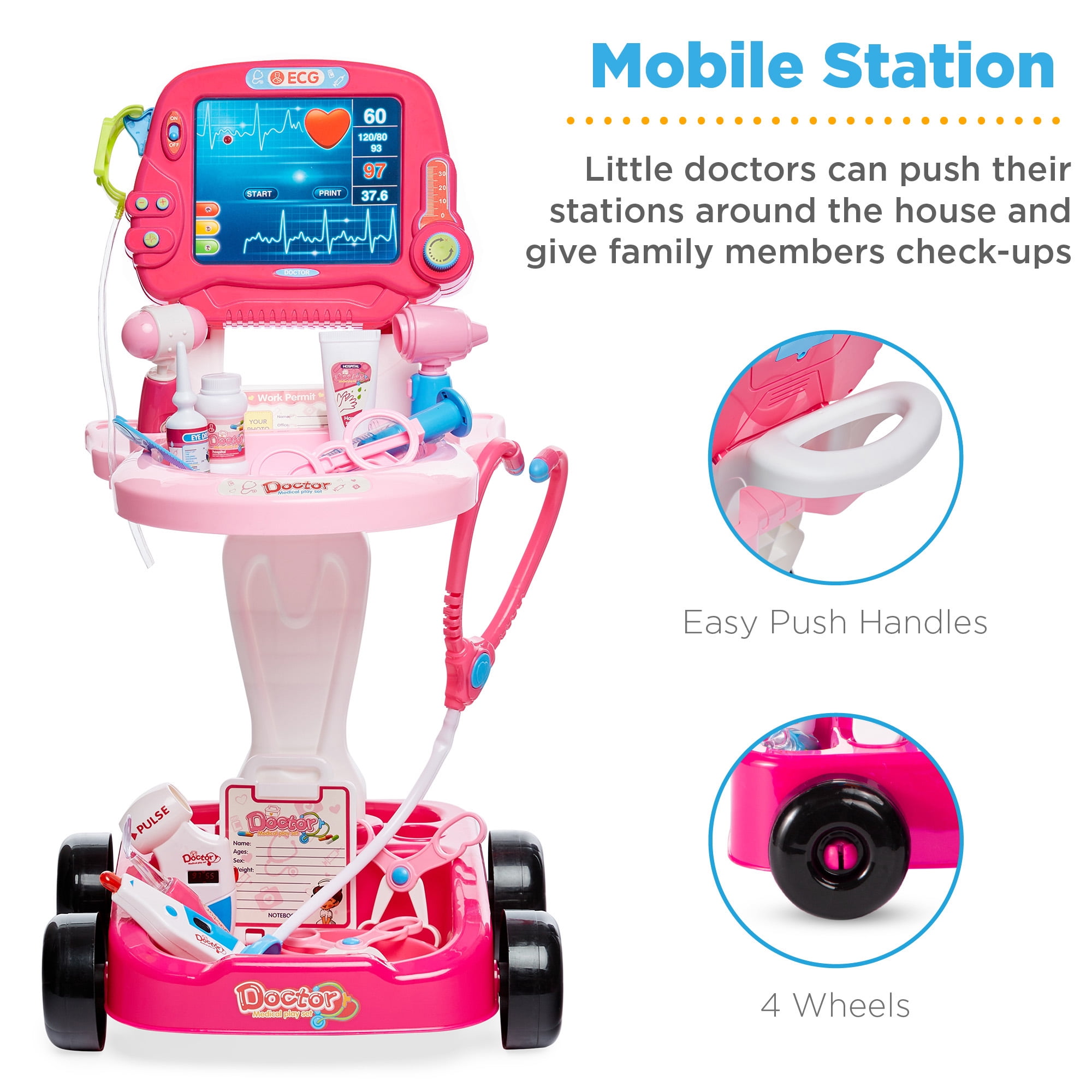 Best Choice Products Play Doctor Kit for Kids, Pretend Medical Station Set with Carrying Case, Mobile Cart - Pink - Image 2