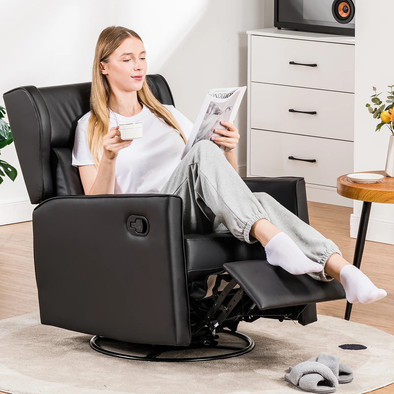 COMHOMA Swivel Rocker Recliner Chair, PU Lether Single Sofa Seat for Living Room, Black - Image 2