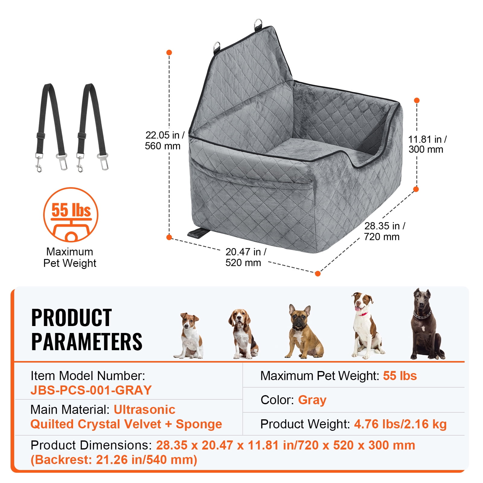 KFFKFF Canine Auto Seat, Medium & Large Dog Booster with Storage, Safety Leash Clip, Sponge Support, Pet Car Bed for Dogs up to 55 lbs, Gray - Image 3