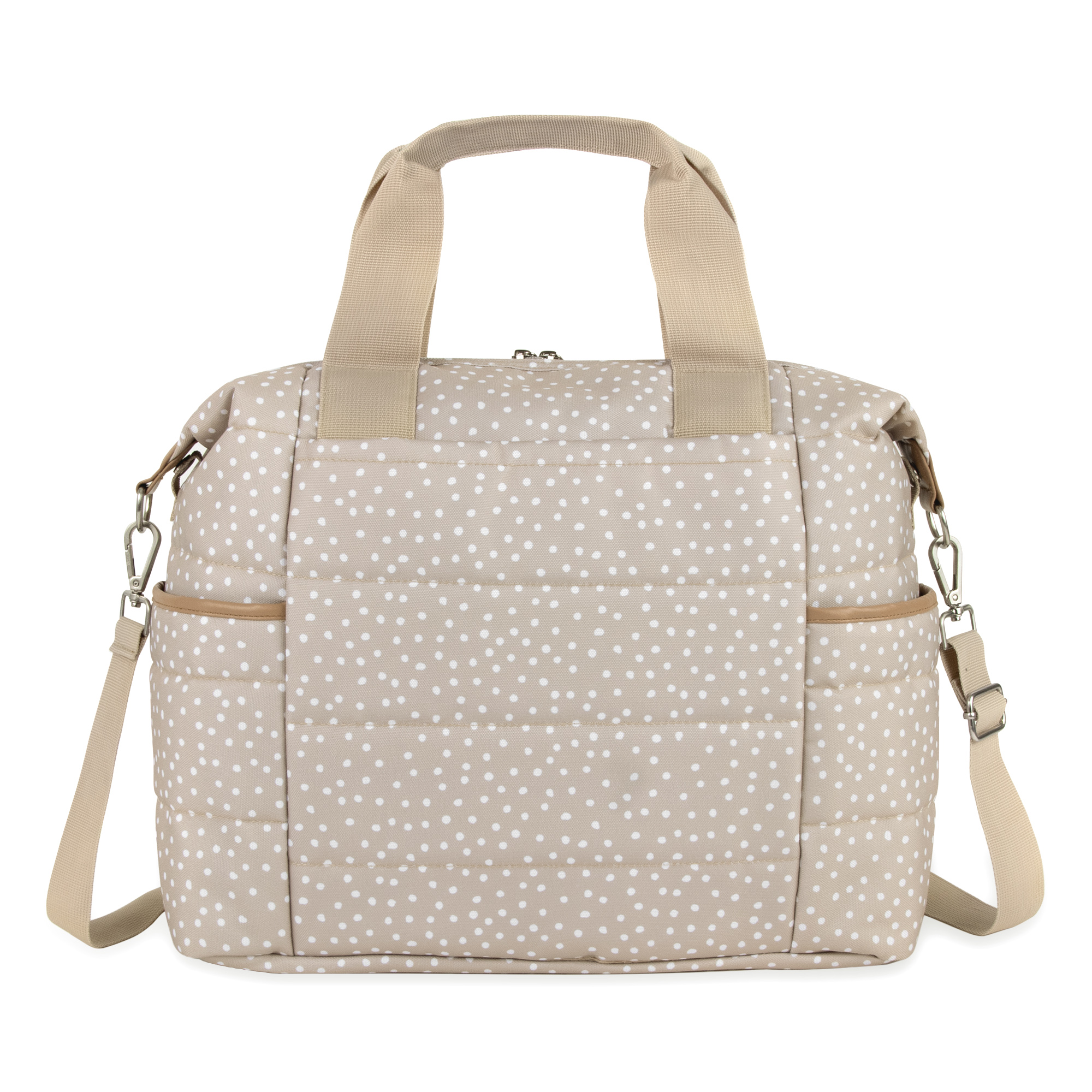 Jessica Simpson Quilted Baby Essentials Multifunction Multi-Pocket Fashion Diaper Bag Luggage Tote with Magnetic Front Wipes Pocket, Bottle Pockets & Changing Pad for Infant Boys & Girls in Taupe Dots - Image 8