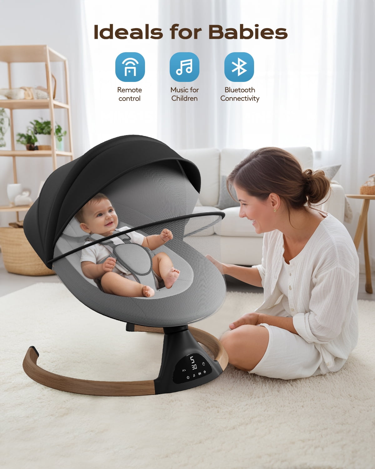 Babyomi Baby Swing for Infant, Electric Bluetooth Swing Rocker with 5 Sway Speeds& 10 nursery rhyme , Black - Image 3