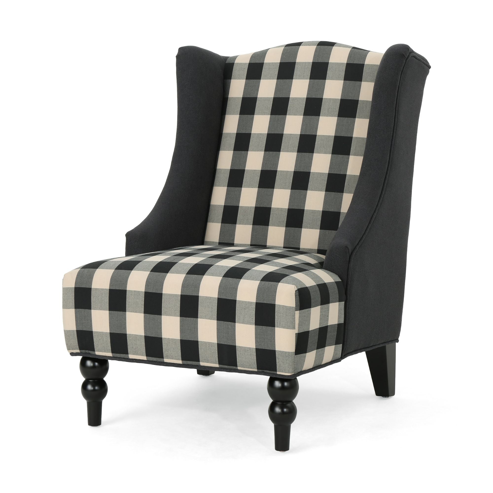 Noble House Charles Fabric High-Back Wingback Chair, Black Checkerboard - Image 3
