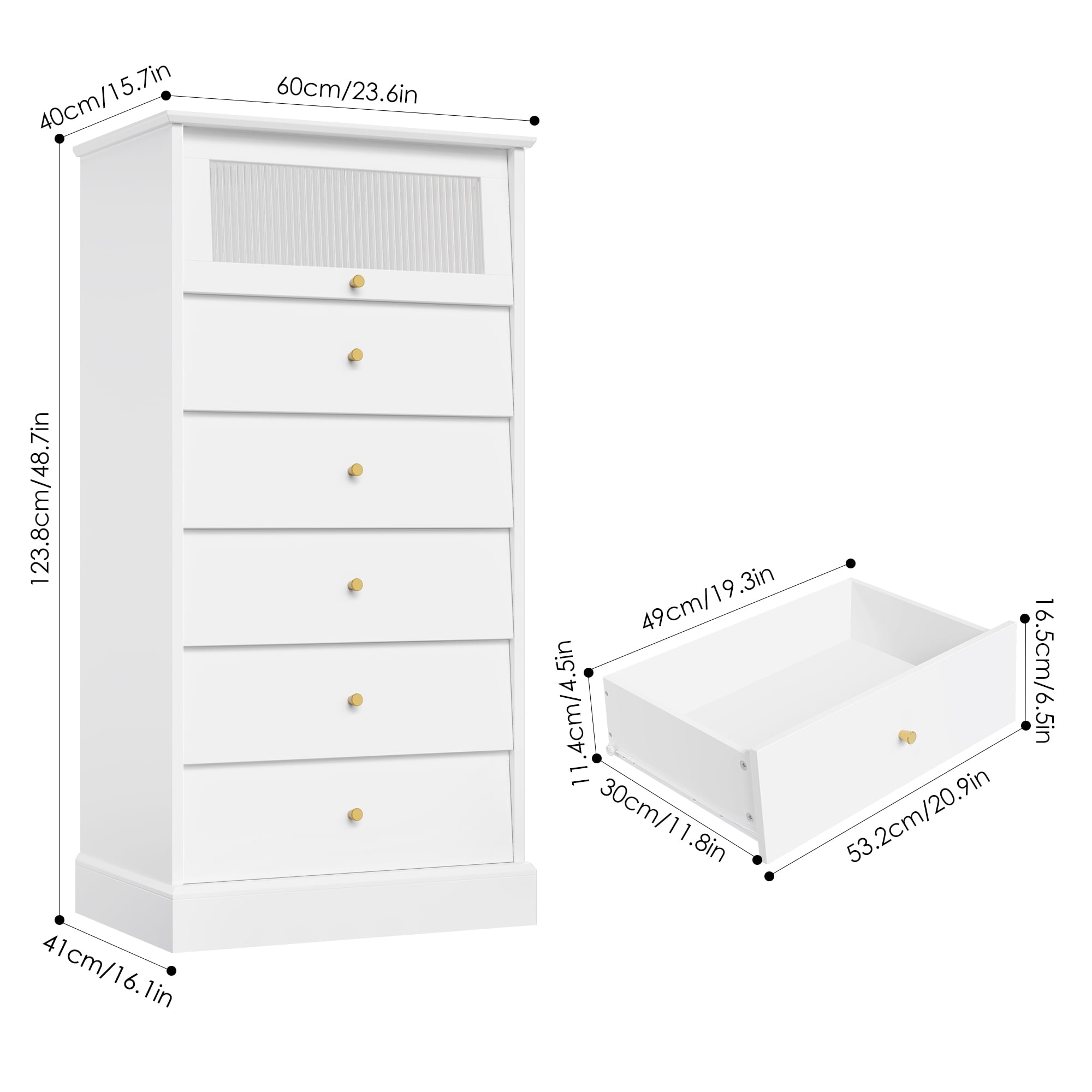 Homfa 6 Drawer Vertical White Dresser for Bedroom, Glass Door Modern Wood Storage Cabinet with Metal Knobs for Living Room - Image 4