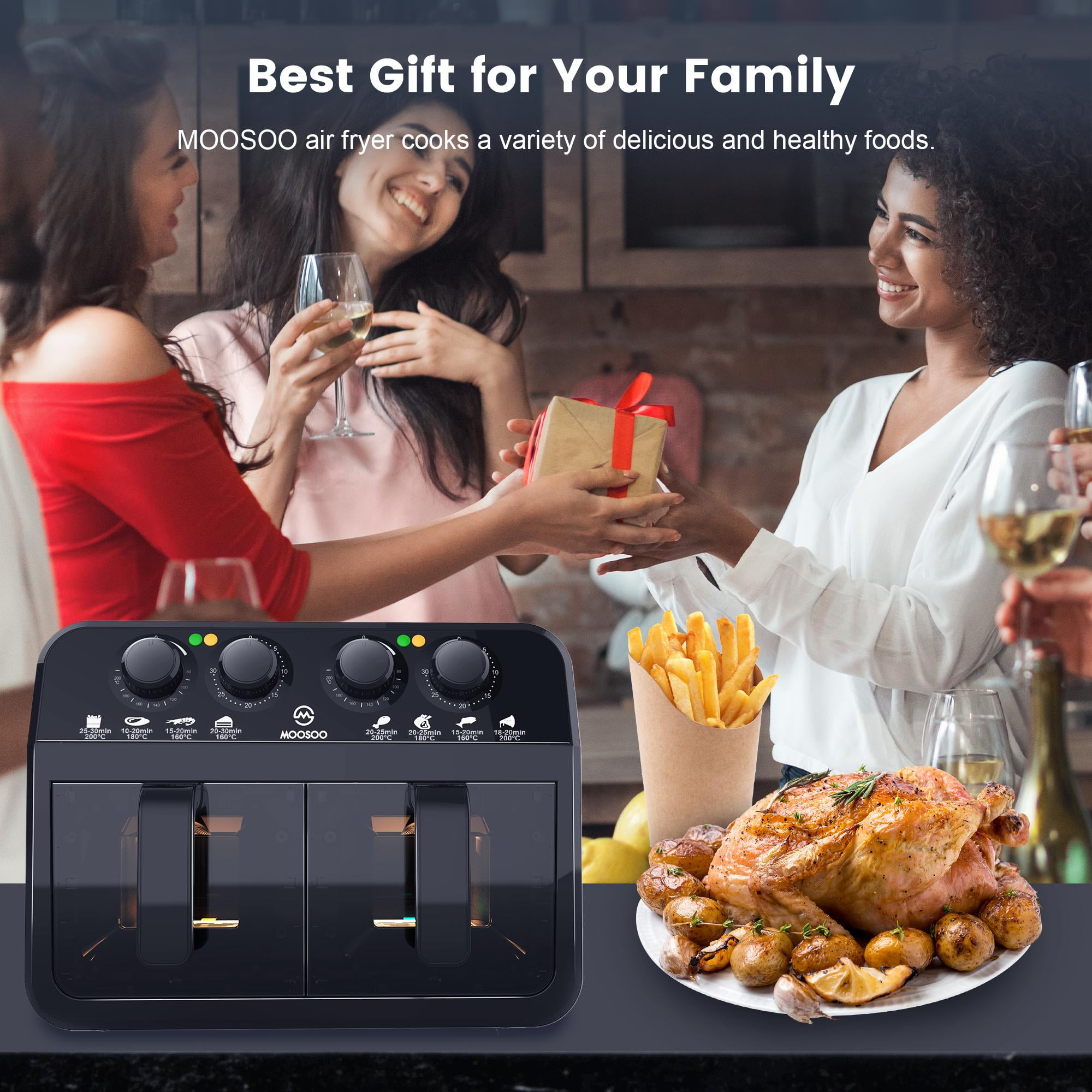 MOOSOO Dual Basket Air Fryer Oven, 6.4Qt Air Fryer, Black, New, Dishwasher Safe 2 Nonstick Basket - Image 7