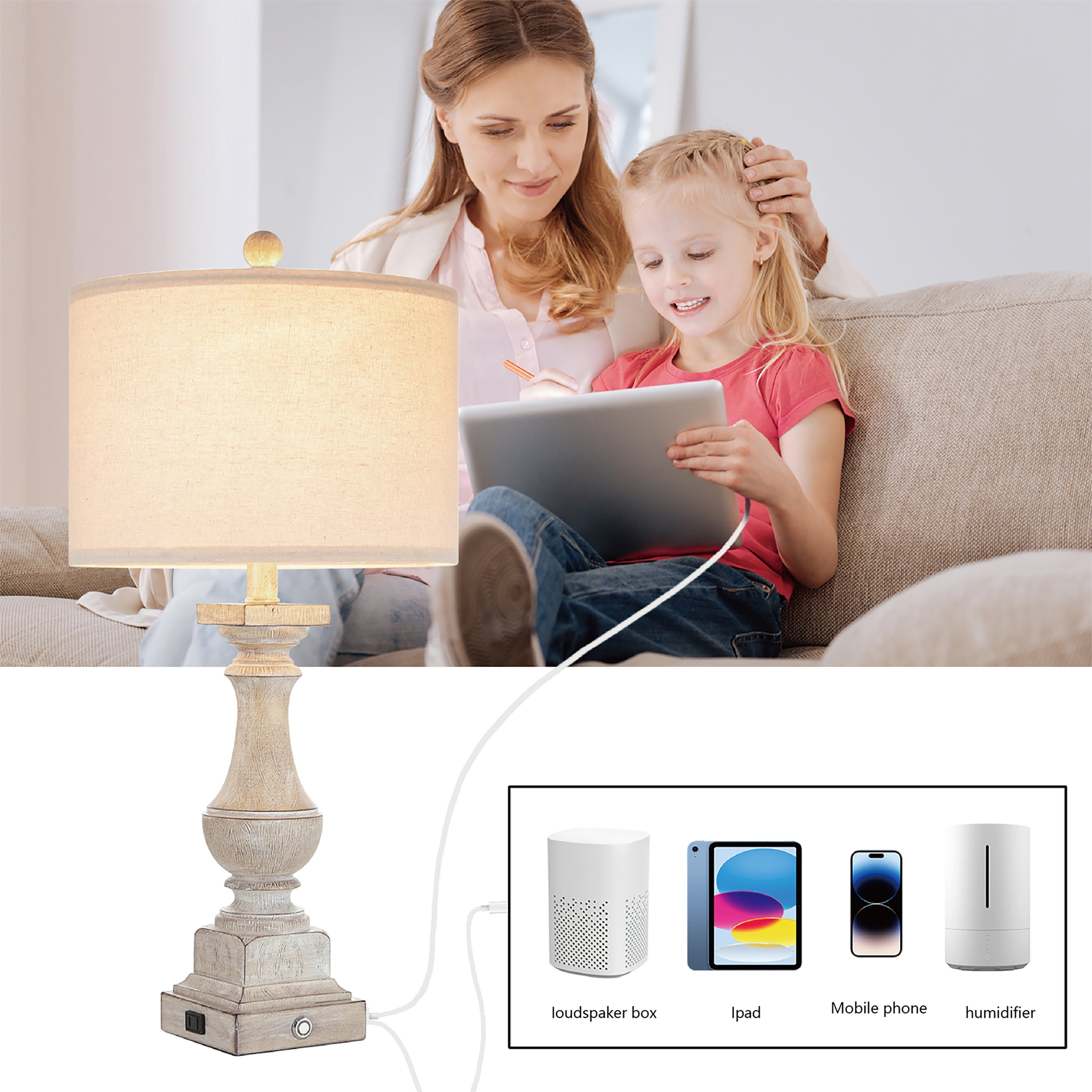 Kyrid 25.5'' Table Lamp Set of 2 Rustic Touch Control Bedside Nightstand USB Lamps (Bulbs Included) - Image 4