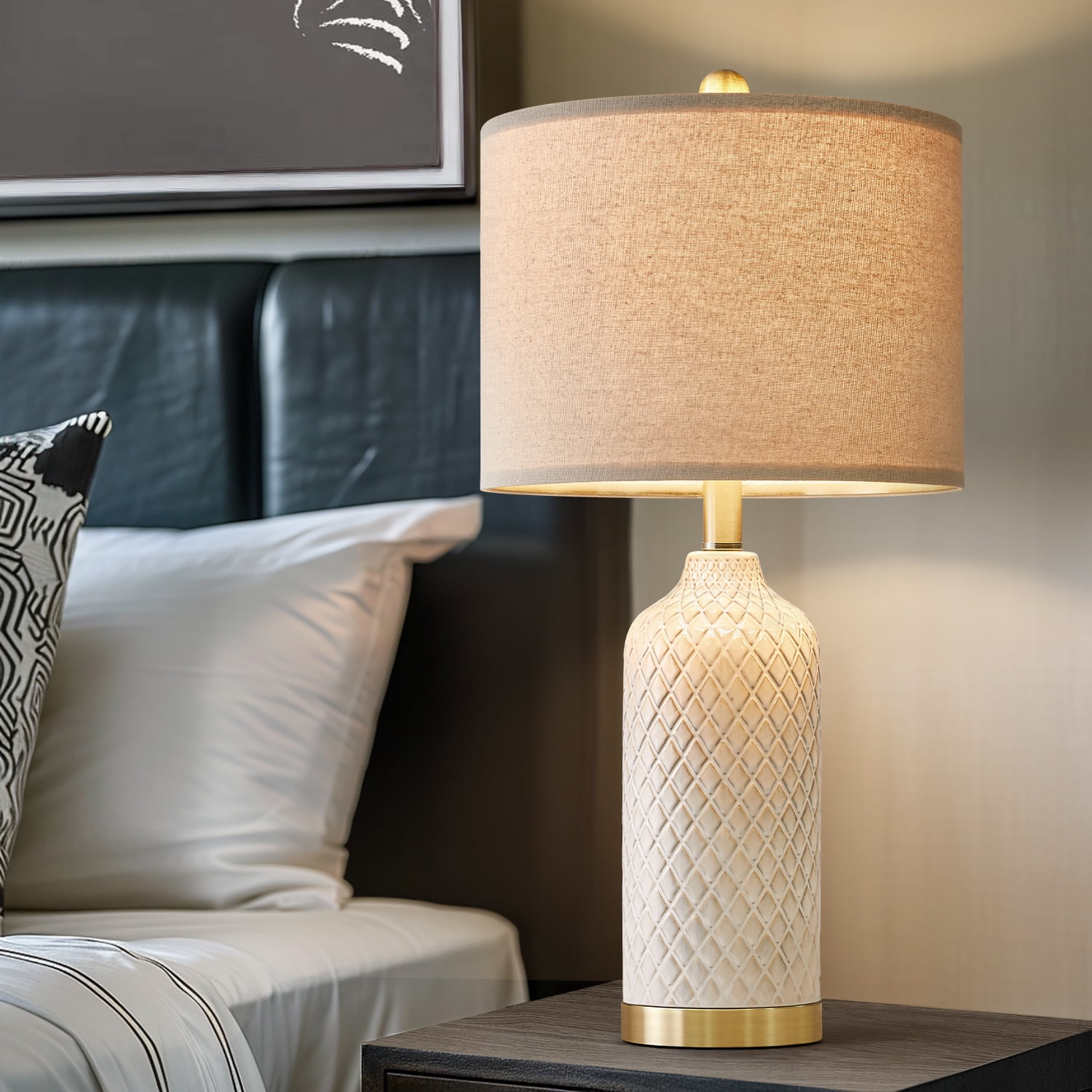 Oneach Ceramic Table Lamps Set of 2 for Living Room Bedroom 24.25" Modern Bedside Nightstand Lamps with Lamp Shades - Image 2