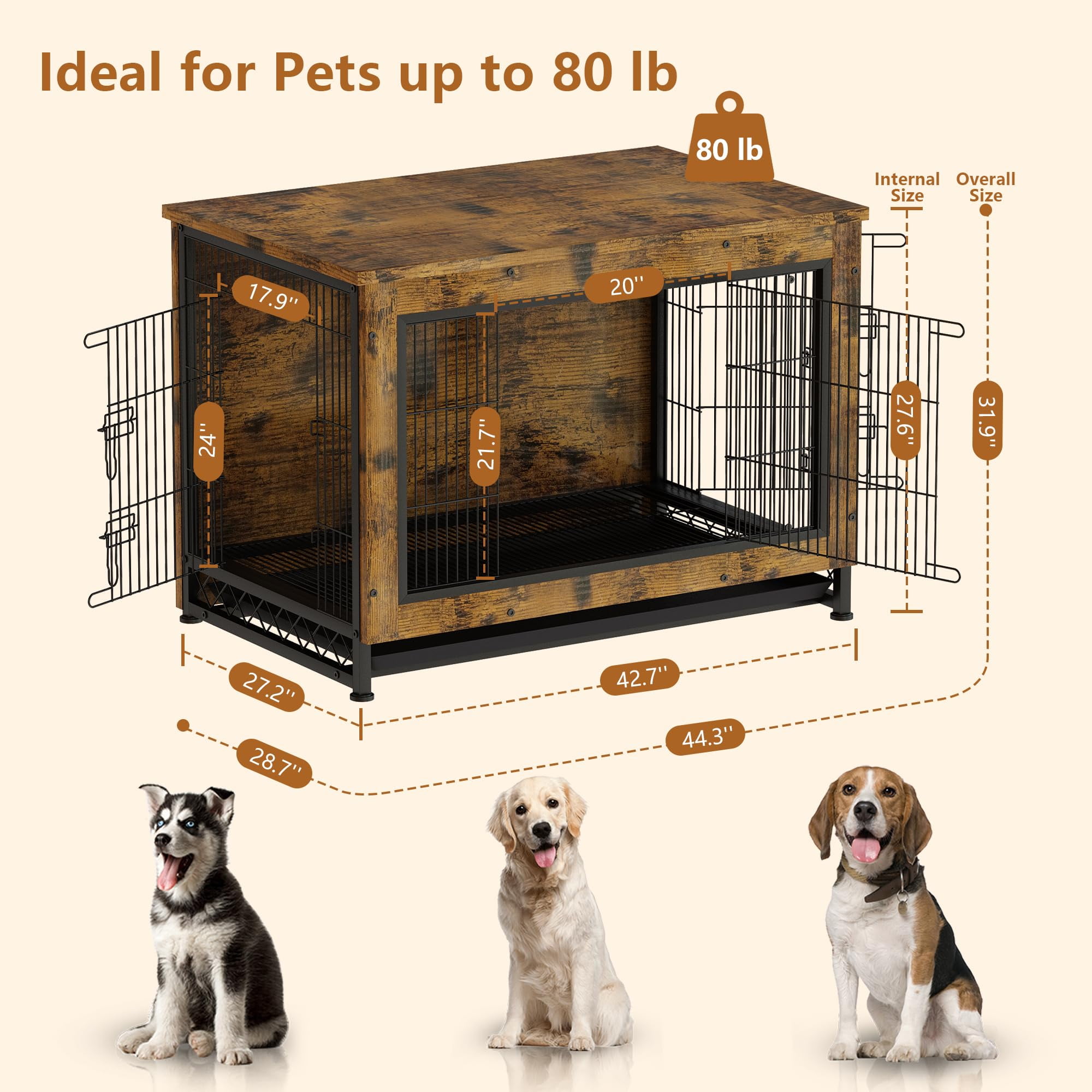AWQM Wooden Dog Crate with Pull Out Tray,Pet Furniture for Small/Medium/Large Dogs - Image 10