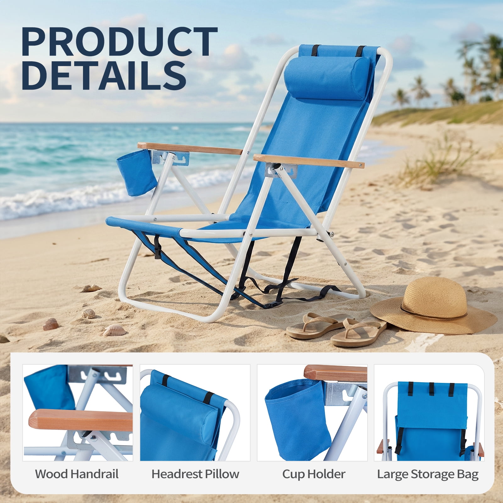 Ktaxon Backpack Beach Chair, Outdoor 4-Level Adjustable Folding Chair, Protable Seating with Cup Holder & Removable Headrest, Blue - Image 8