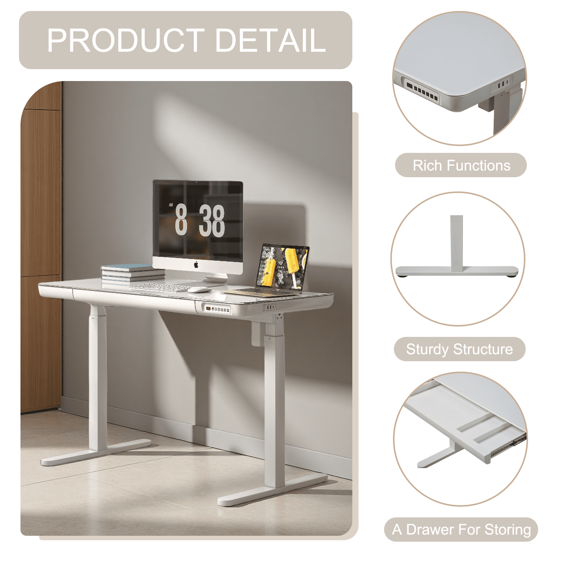 KOWO K302 Adult Tempered Glass Electric Height Adjustable Standing Desk with Drawer, 23.6 in x 47.2 in, White, 1 Pack - Image 5