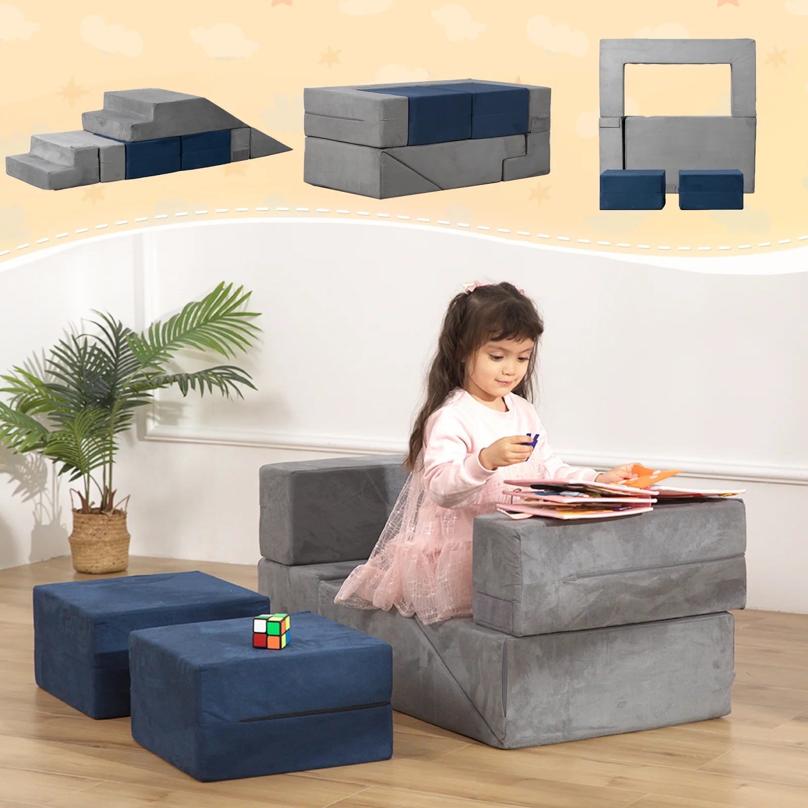 STAHMFOVER Play Couch Sofa for Kids Tunnel Climber Fold Out Sofa Convertible Playset - Image 2