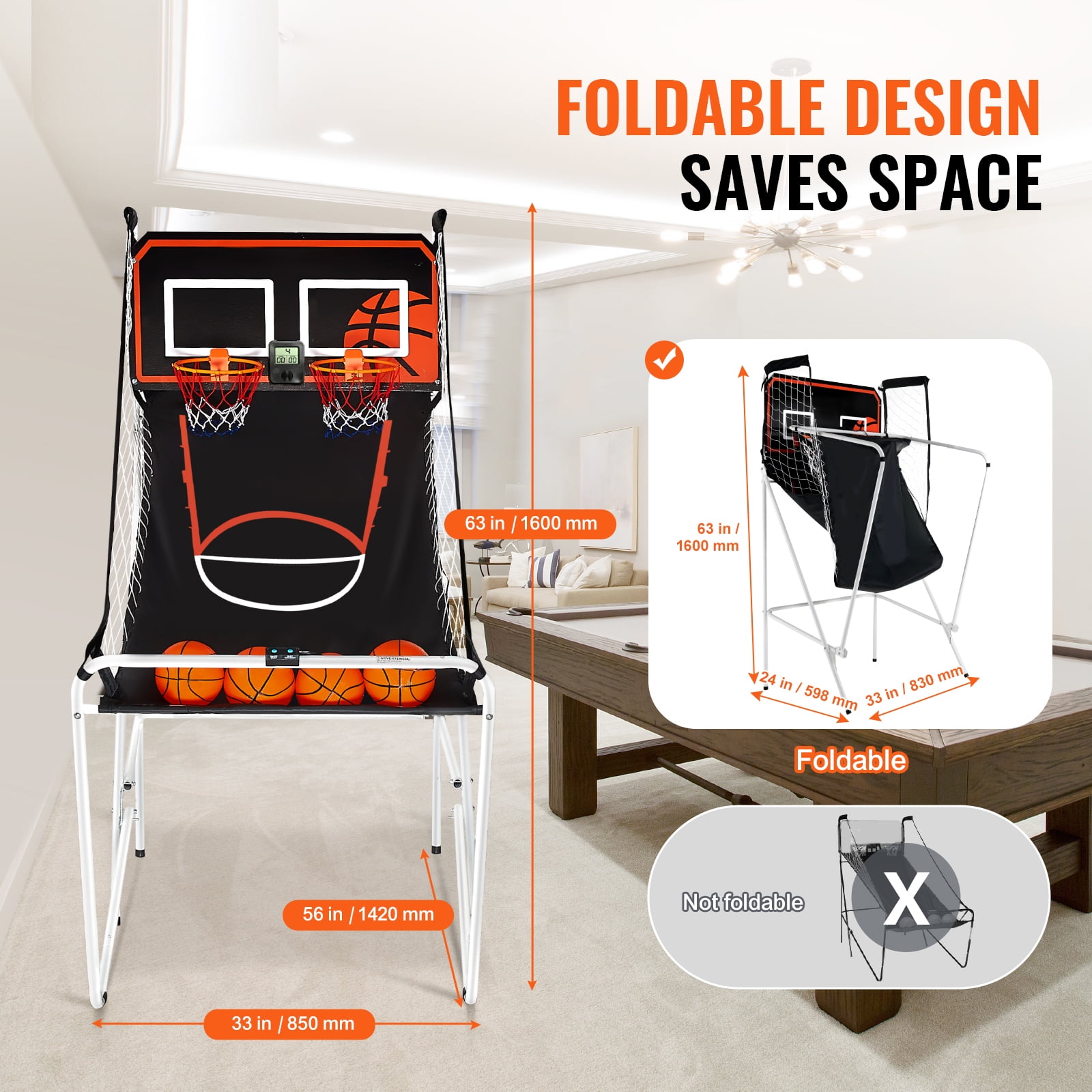 KFFKFF Foldable Basketball Arcade Game, 8 in 1 2 Players 4 Balls Indoor Double Shot Basketball Arcade Game w/ Electronic Scoreboard, 56x33x63 in - Image 5