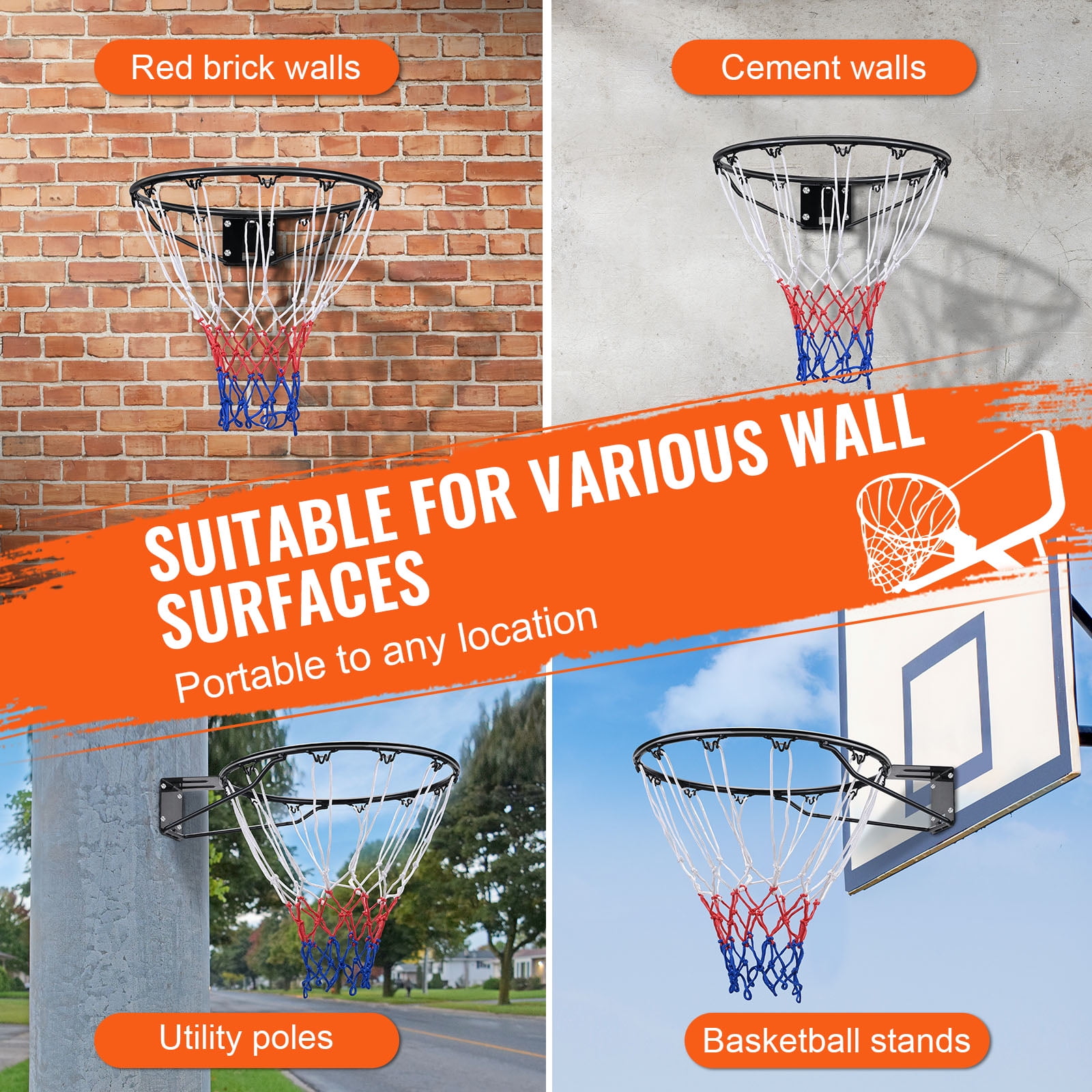 KFFKFF Basketball Goal, Attachable to Wall or Door, Robust Q235 Basketball Flex Rim Substitute with Net, Conventional 18" Indoor and Outdoor Suspended Basketball Hoop for Children and Adults - Image 3