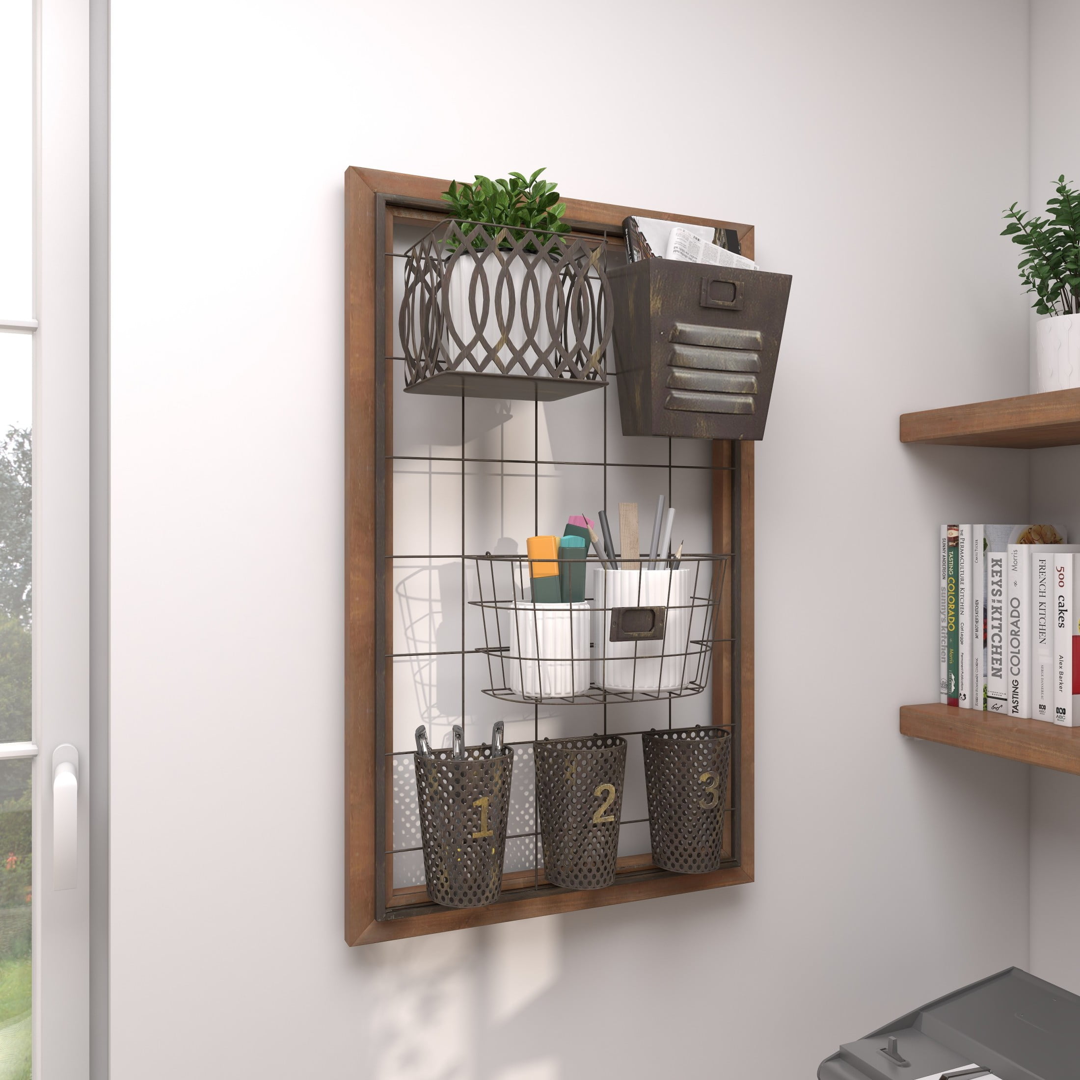 DecMode 32" Brown Metal Wall Storage Magazine Rack Holder with Suspended Baskets and Wood Frame - Image 9