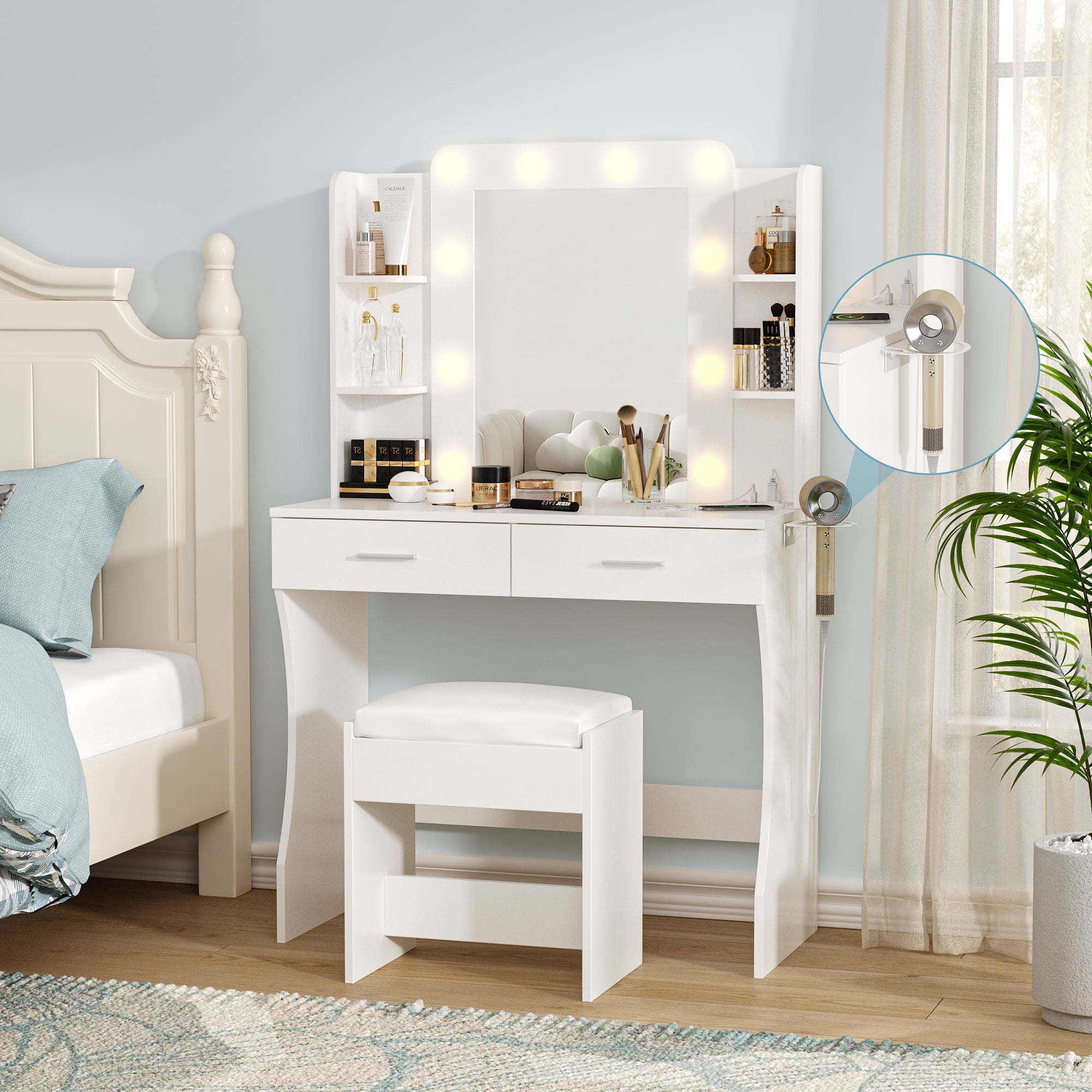 Vabches Vanity Set with Mirror and Lights & Power Outlet Makeup Vanity with 2 Drawers& 6 Shelves, White - Image 9