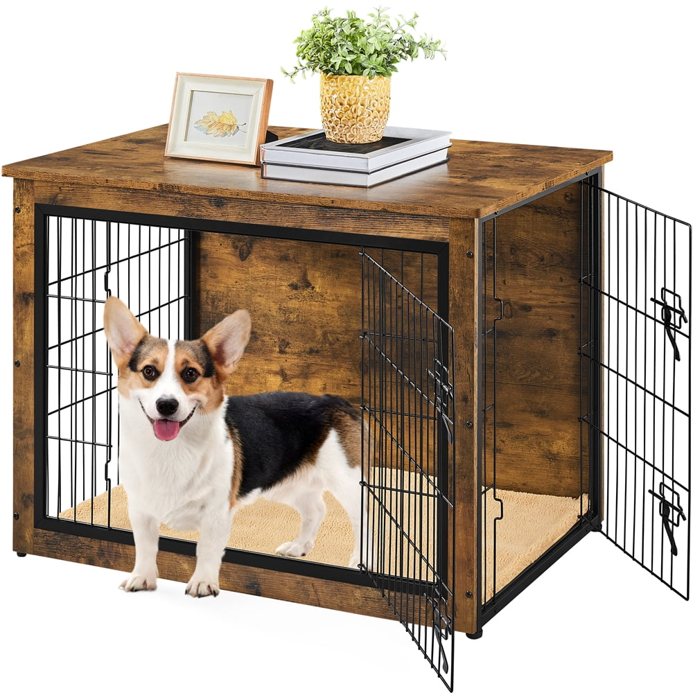 Alden Design 32″ Dog Crate Furniture with Anti-skid Plush Mat for Medium Dog, Rustic Brown - Image 2