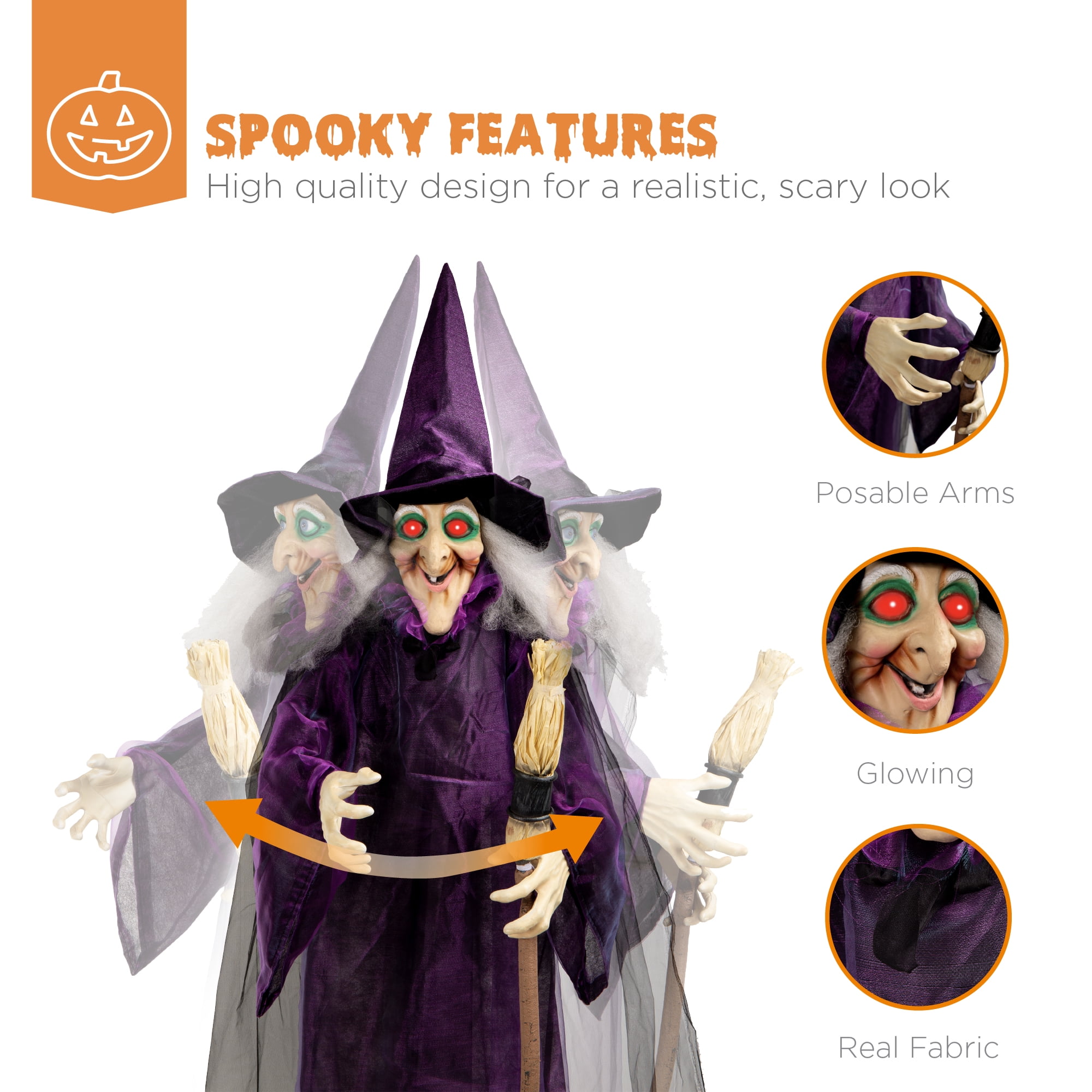 Best Choice Products 5ft Standing Witch, Wicked Wanda Poseable Halloween Animatronic w/ Pre-Recorded Phrases, LED Eyes - Image 6