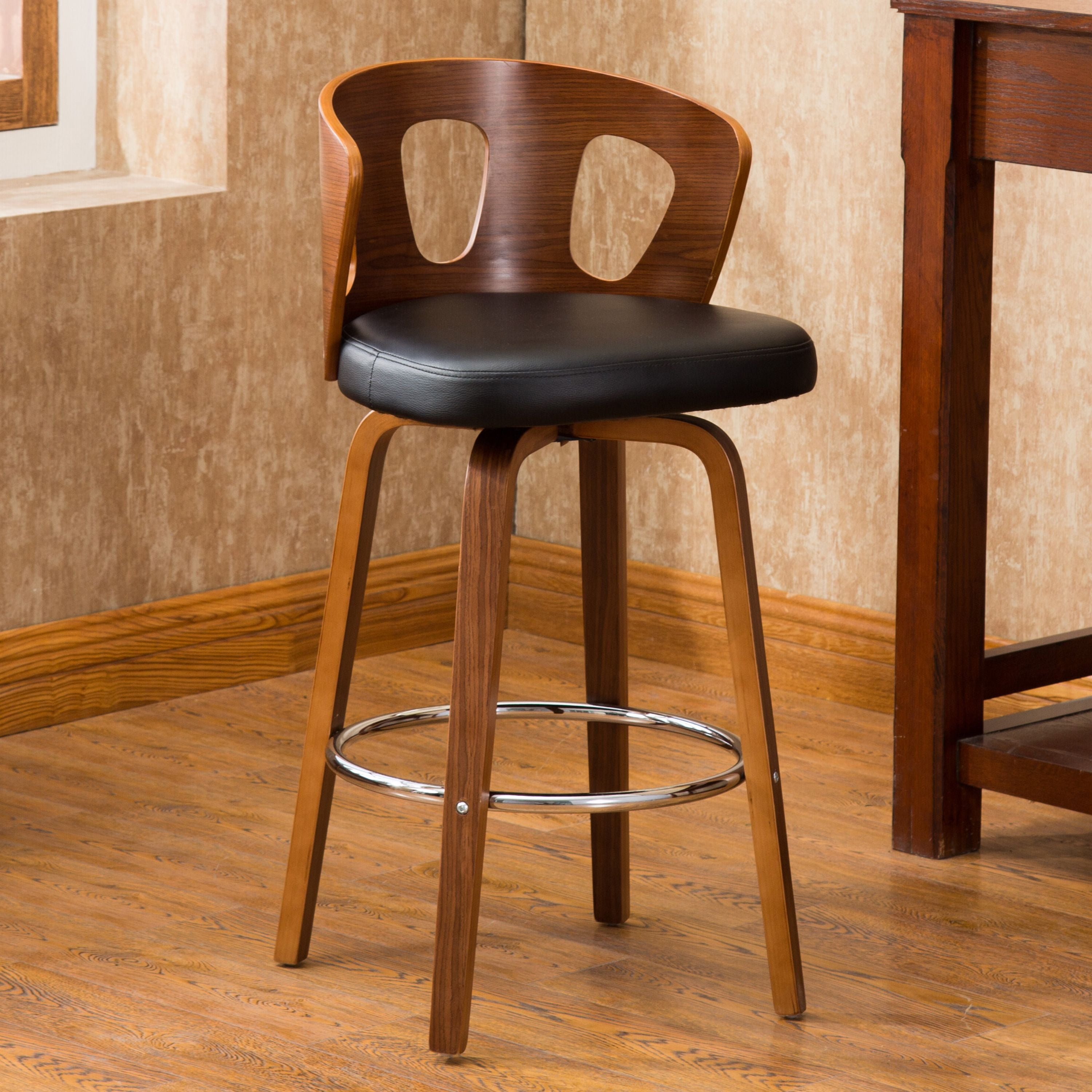 Wood and Black Faux Leather Mid-Century Modern Swivel Barstool with Decorative Back 26-Inch Seat Height - Image 4