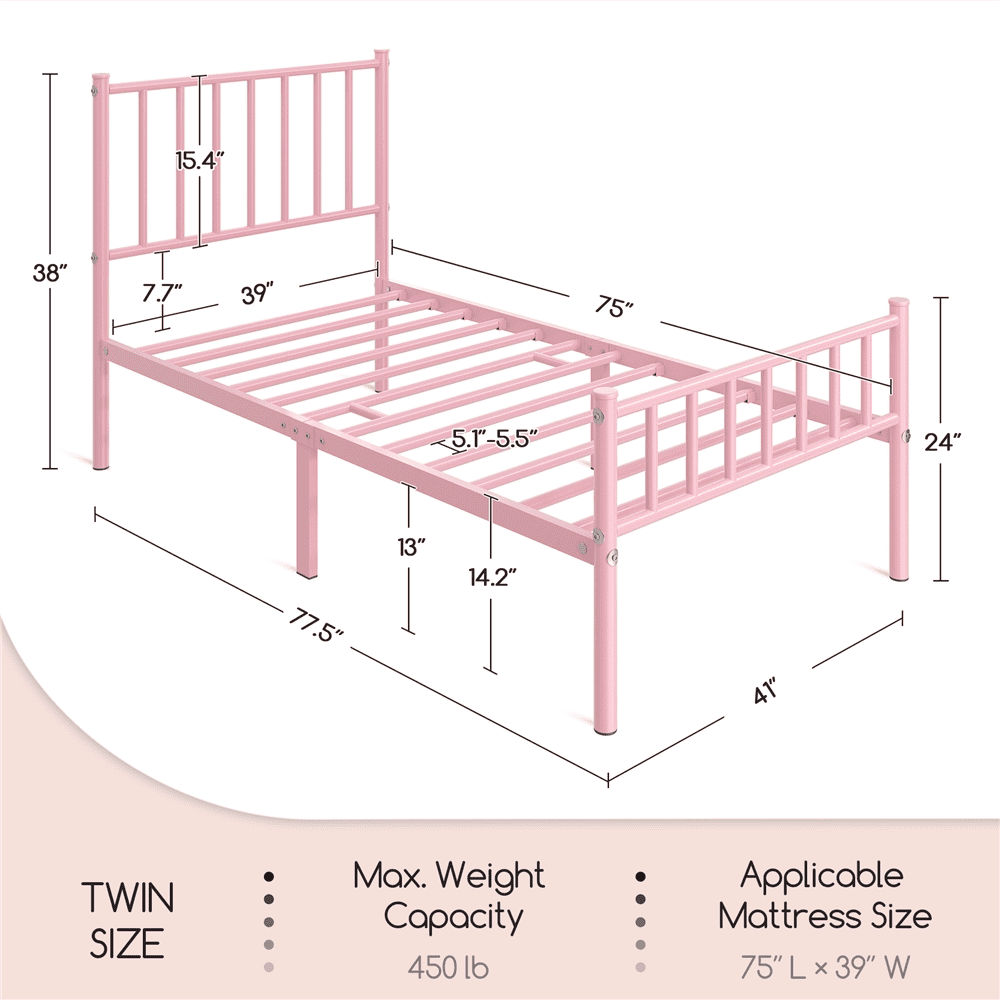 Renwick Justin Metal Platform Bed with Spindle Headboard and Footboard, Twin, Pink, Adult - Image 6