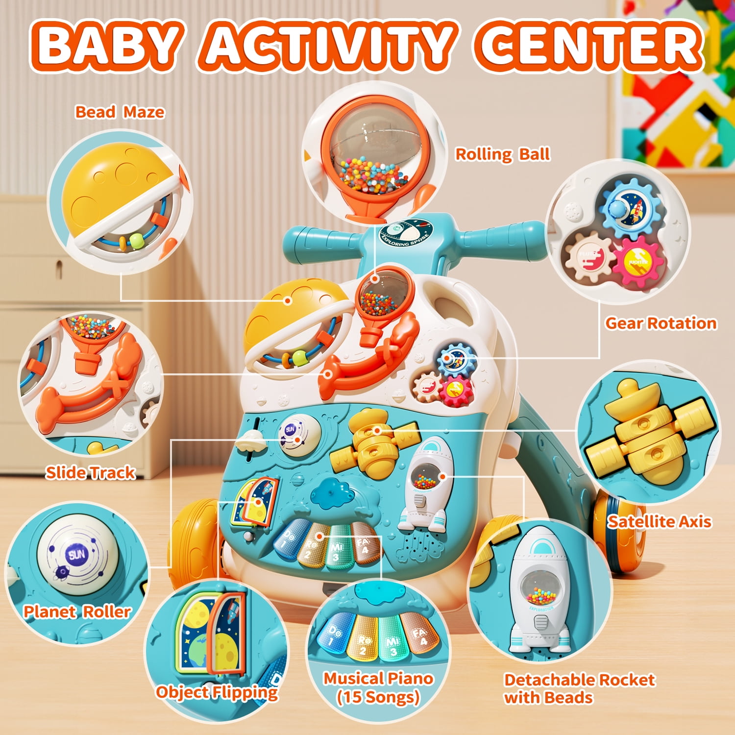 Wonderstone 3 in 1 Baby Walker Sit and Stand Push Learning Toys, Speed & Height Adjustable Musical Activity Center - Image 5