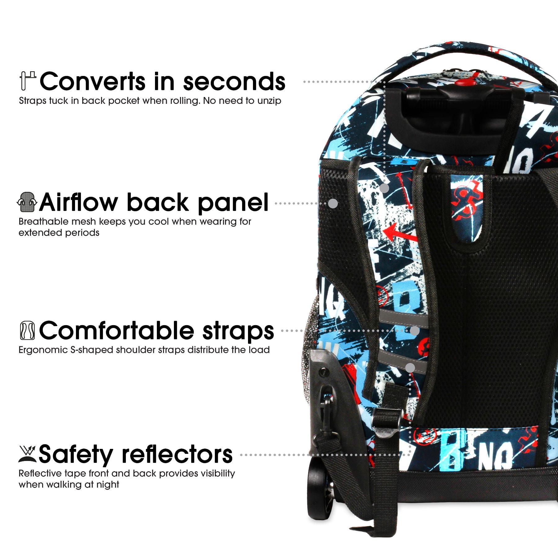 J World Boys and Girls Sunrise 18" Rolling Backpack for School and Travel, Graffiti - Image 5