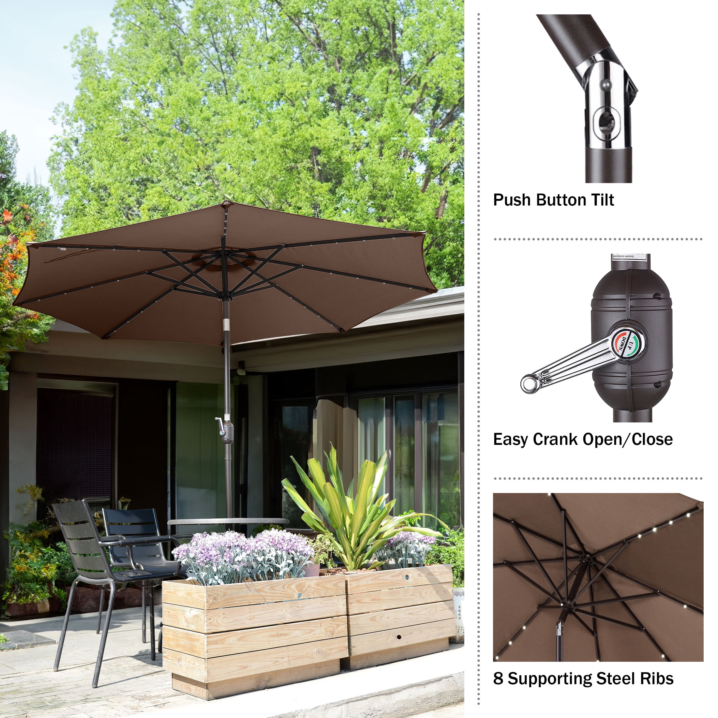 Villacera 9FT Outdoor Patio Umbrella with Solar Lights and Tilt, Brown - Image 9