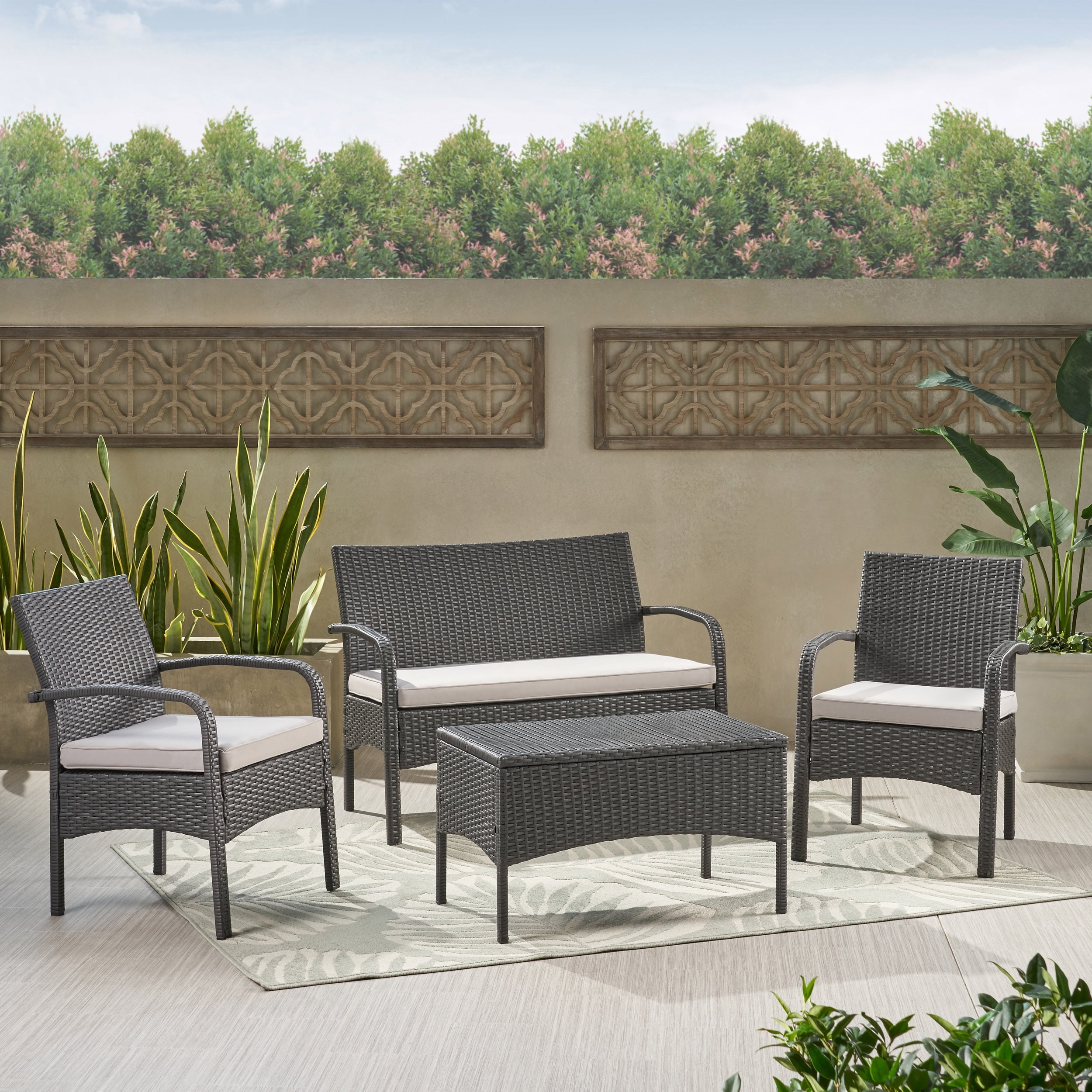 Zanoah Outdoor 4 Piece Wicker Chat Set with Water Resistant Cushions, Grey, Silver - Image 12
