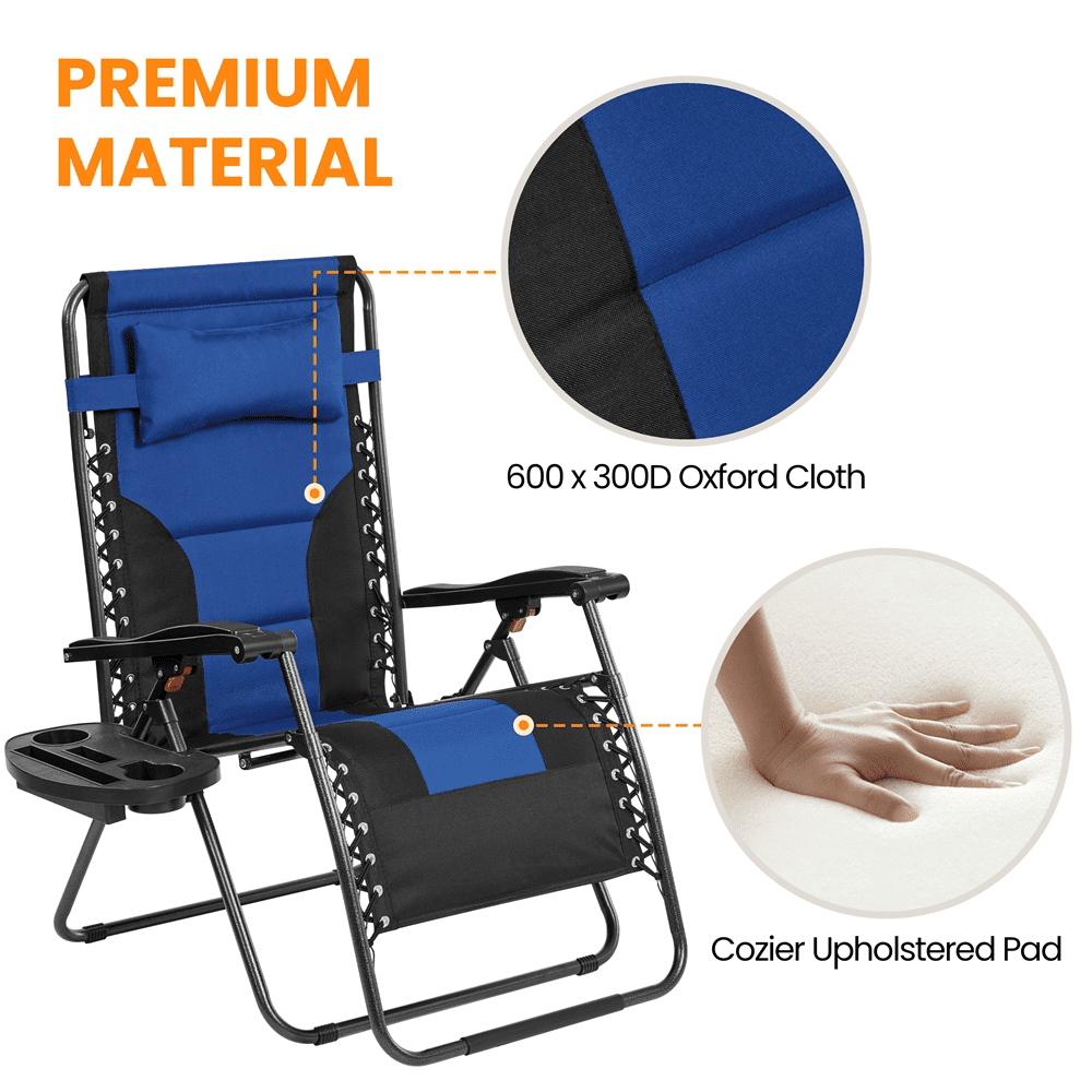 Alden Design 29in Foldable Padded Zero Gravity Chair with Cupholder/ Pillow for Outdoor, Navy Blue/Black - Image 8