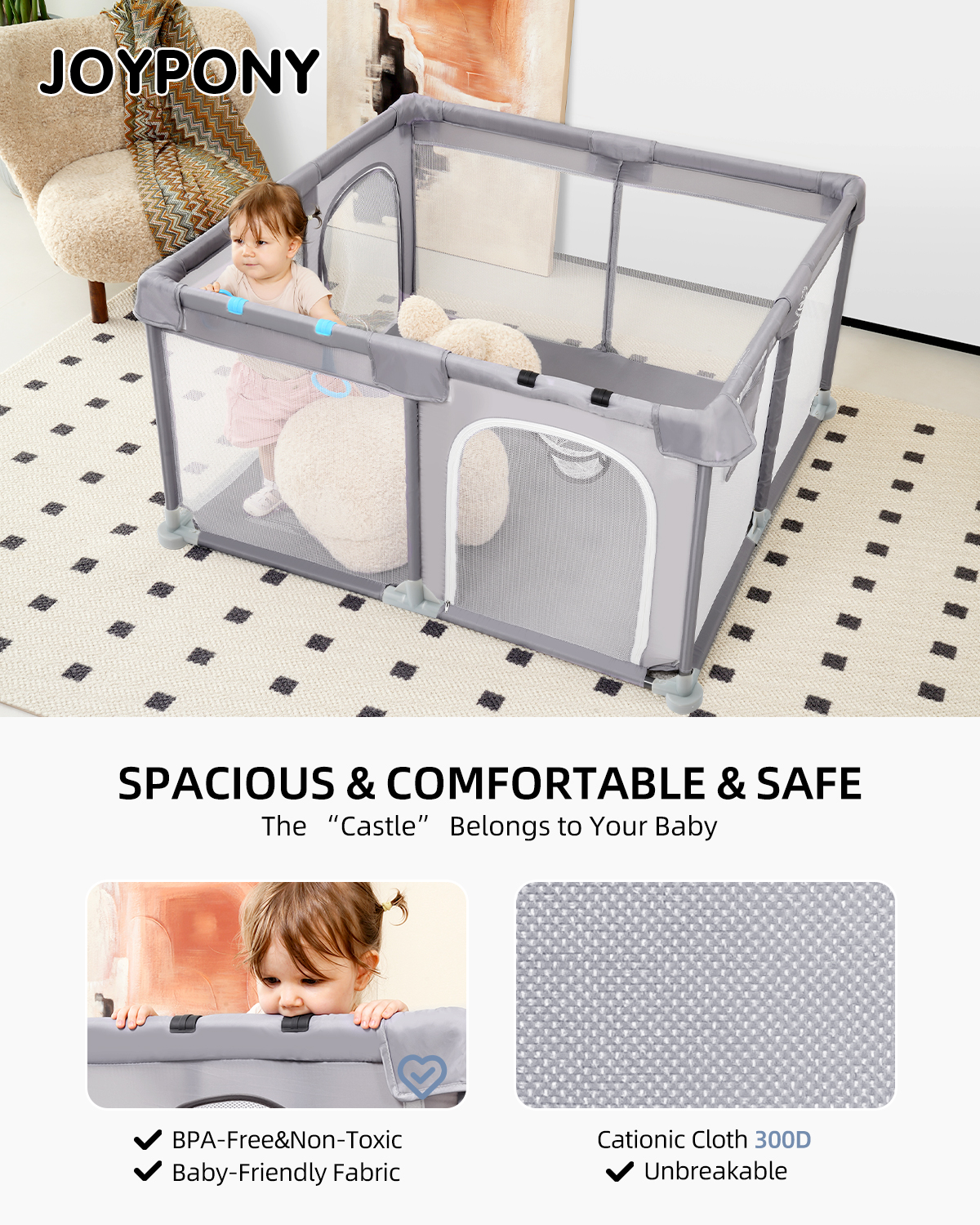 Joypony Baby Playpen, 50x50inch Extra Large Playpen Baby Playard Kids Activity Center - Image 9