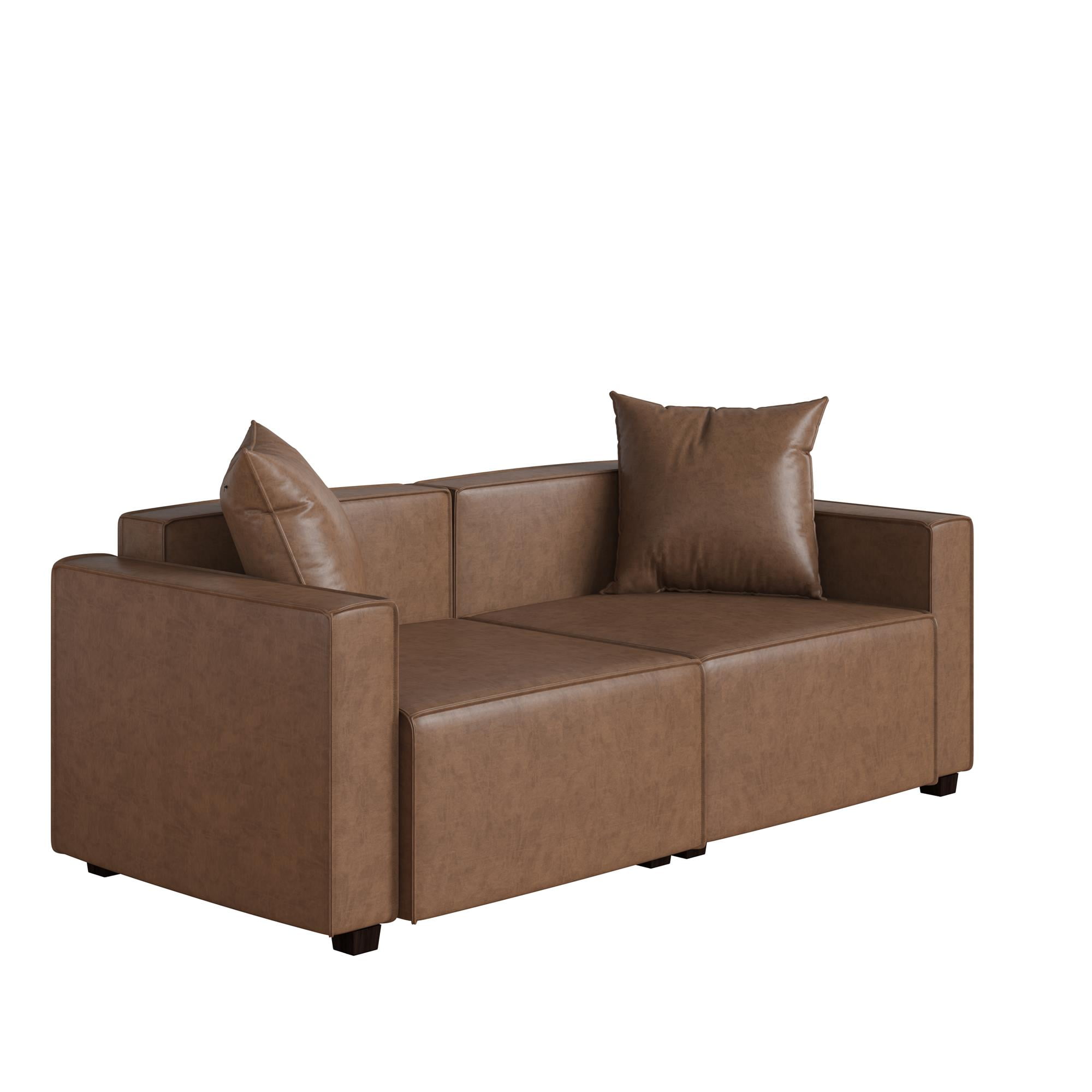 Mainstays Wynnewood 75" Low Profile Faux Leather Sofa Couch with 2 Throw Cushions, Brown - Image 17
