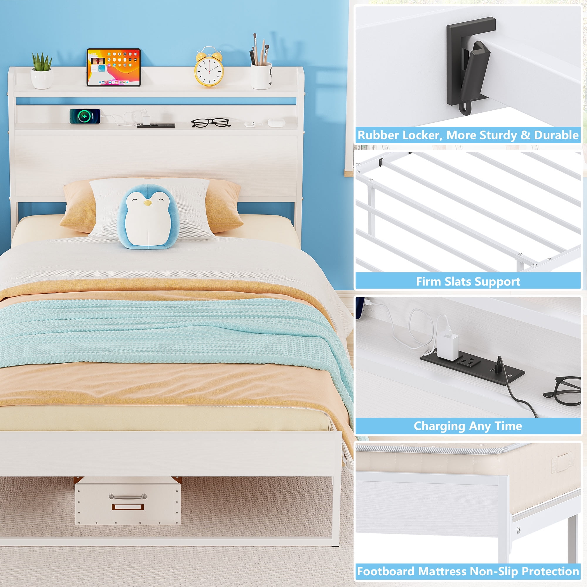 Yoneston Power Outlet Twin Metal Platform Bed Frame with 2-Tier Storage Charging Station Headboard for Kids Bedroom Furniture, White - Image 2