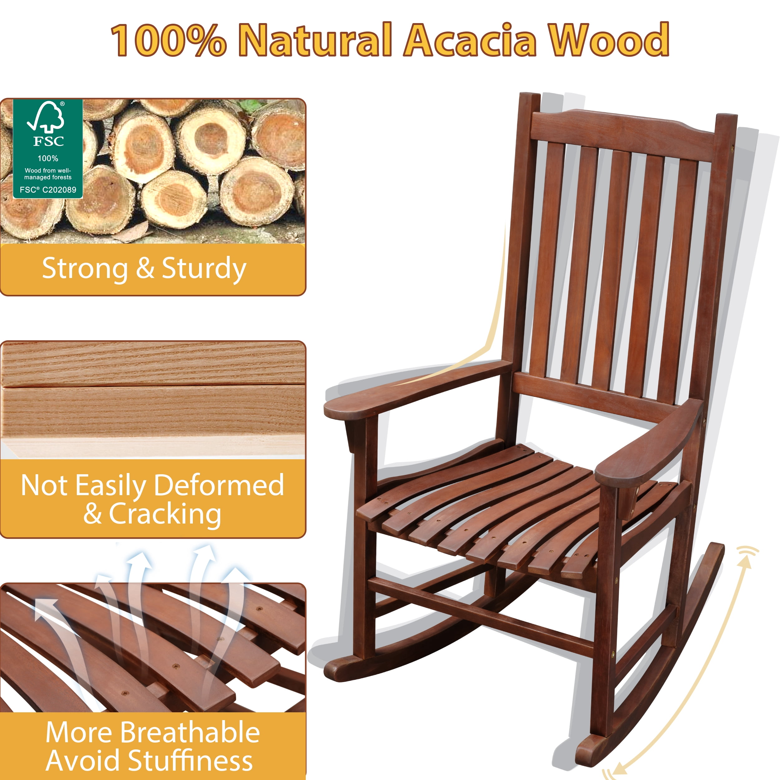 TrumanPick Outdoor Rocking Chair Wooden Porch Rocker for Adults Weather Resistant Finish, 25"W x 33"D x 45"H Brown-1Pack - Image 7