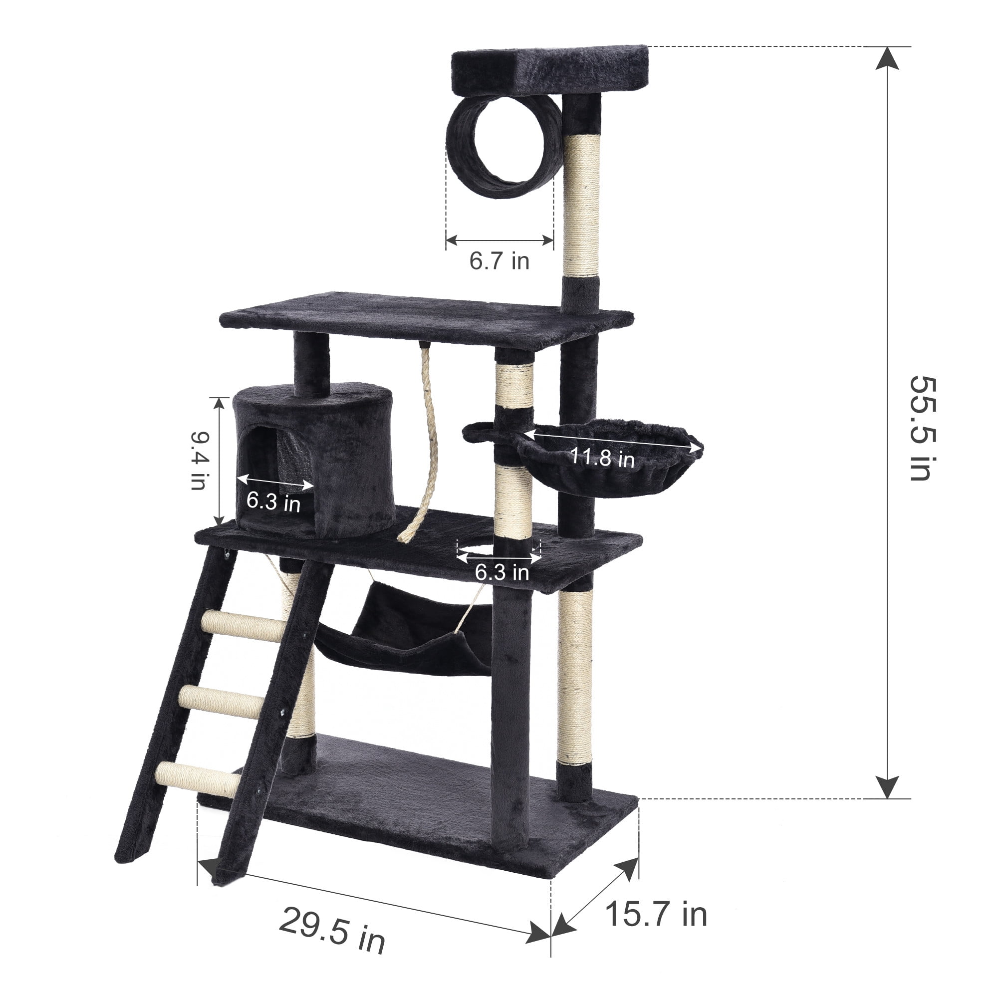 55.5" Muti-Tier Dark-Gray Cat Tree Towel, Cat Play Furniture with Sisal Covered Scratching Posts and Ladders, Playhouse with Perches, Platforms, and Basket for Kitten to Climb, Play&Chase - Image 2