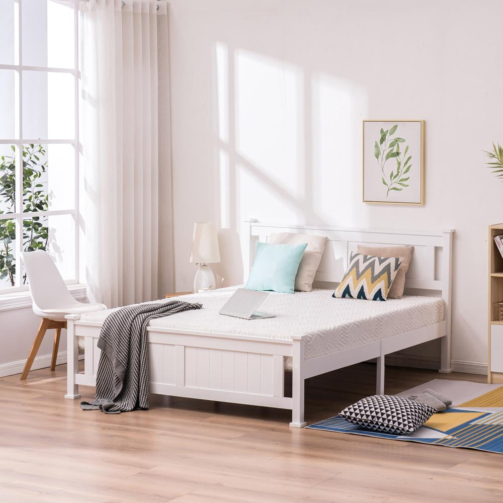 UBesGoo Queen Wood Platform Bed with Hardwood Slats & Headboard, White - Image 9
