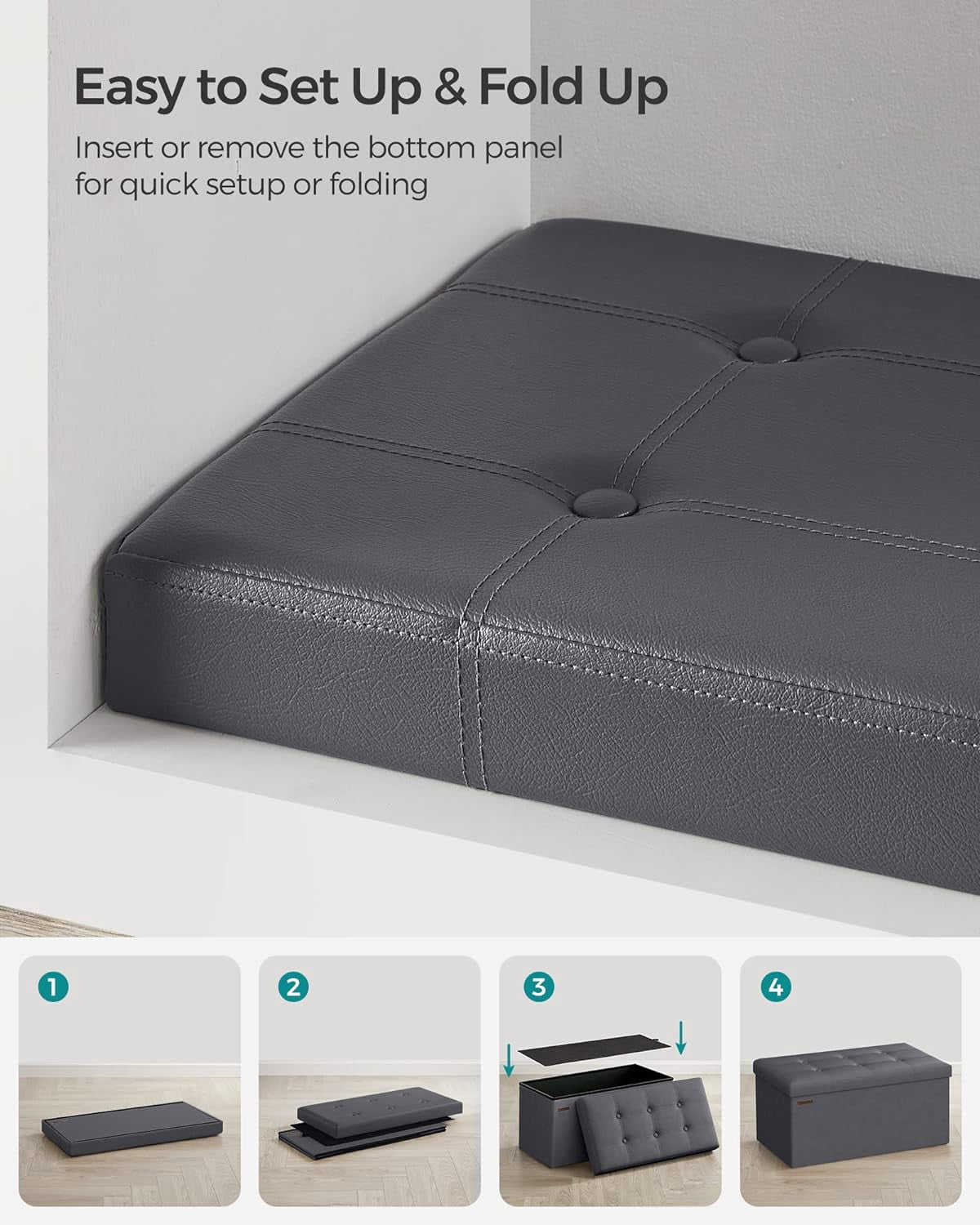SONGMICS 30" Storage Ottoman Bench Folding Ottoman with Storage Footstool Hold up to 660lb for Living Room Bedroom Dark Gray - Image 2
