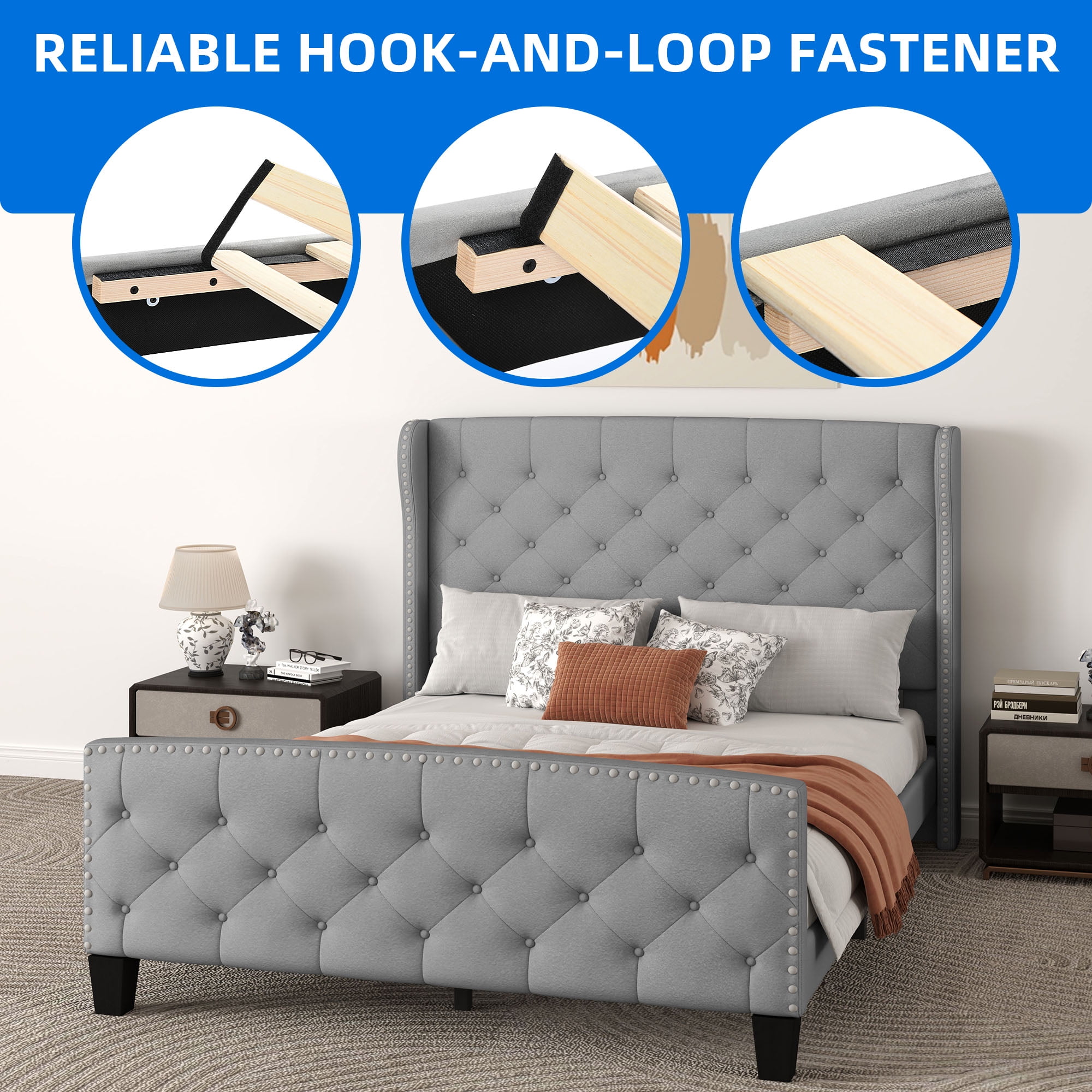 Dextrus Upholstered Bed Frame Queen Size, Platform Bed Base with Velvet Headboard & Footboard, Wingback Upholstered Bed Frame Mattress Foundation, No Box Spring Needed, Grey - Image 2