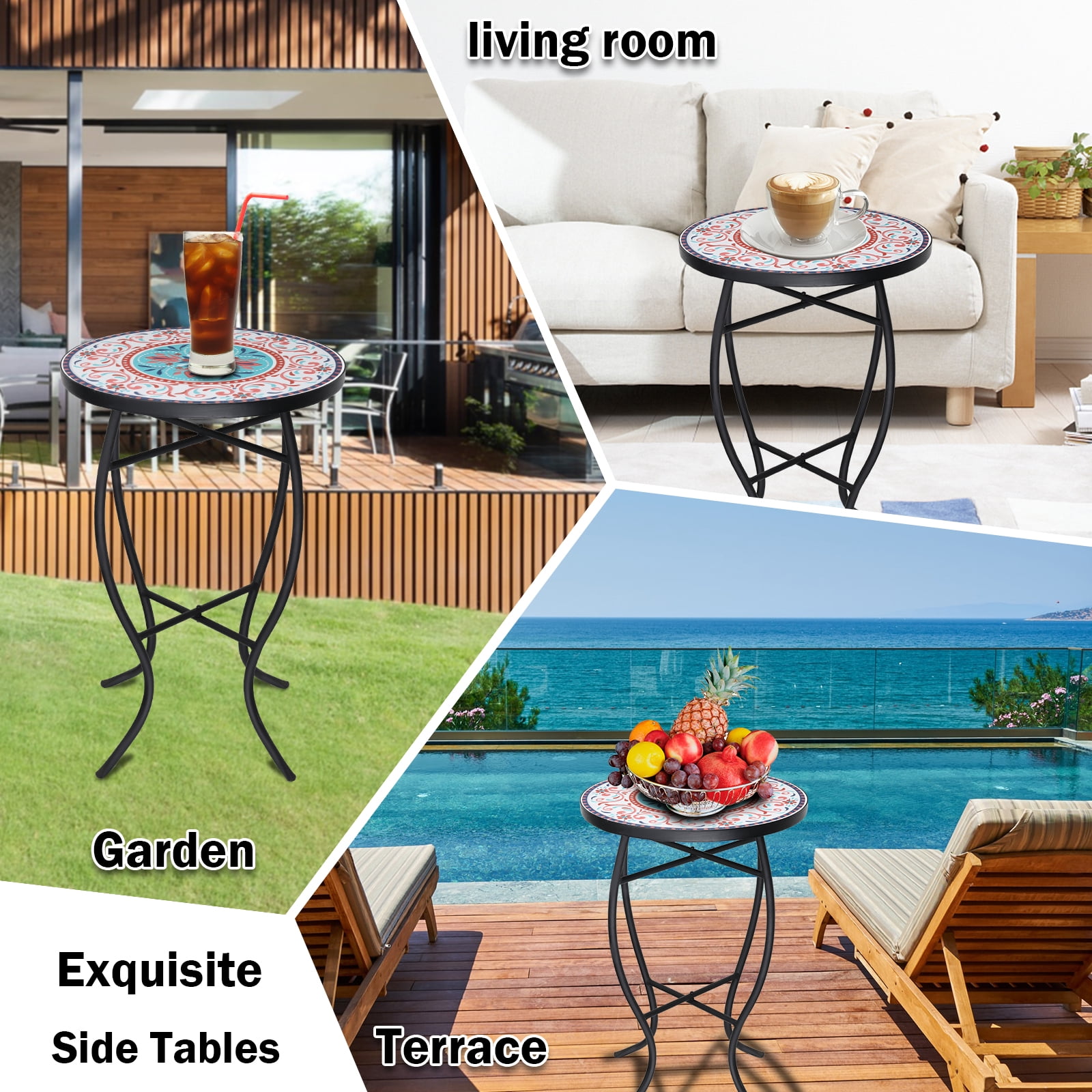 Outdoor Side Table-Patio End Table-14'' Round Accent Table Mosaic Glass Metal Side Table Garden Balcony Indoor Coffee Table - Image 7