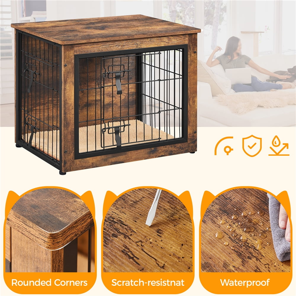 Alden Design 32″ Dog Crate Furniture with Anti-skid Plush Mat for Medium Dog, Rustic Brown - Image 3