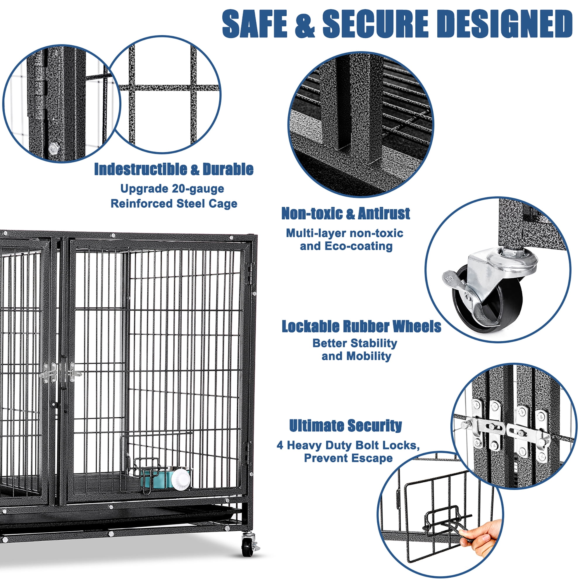 Suchown Heavy Duty Dog Crate – 44 Inch Escape-Proof Steel Cage for Small to Large Dogs, Stackable Metal Kennel with Double Door, Lockable Wheels, Removable Tray & Feeding Bowls, Indoor/Outdoor Use - Image 5