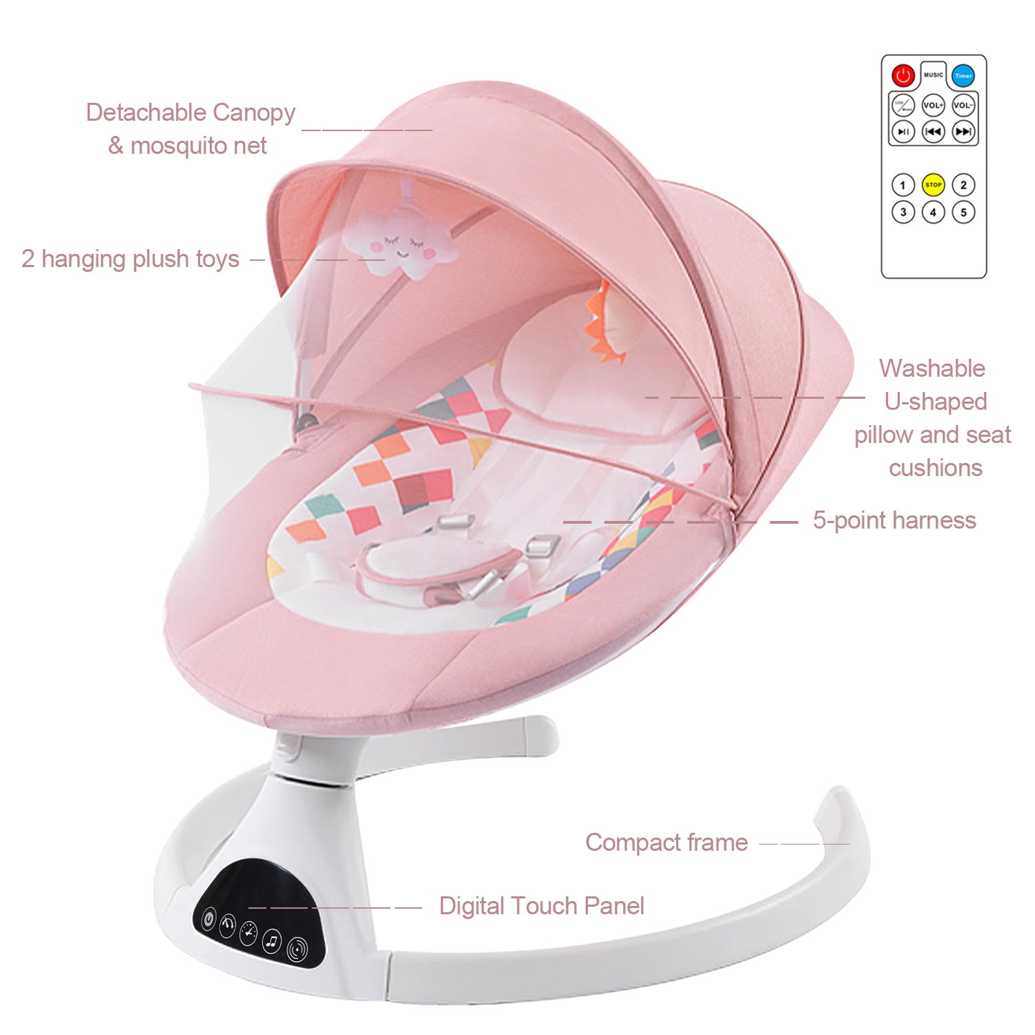 Yadala Baby Swing for Infants, Bluetooth Baby Swing Baby Rocker Chair with Gift Package, Pink - Image 9