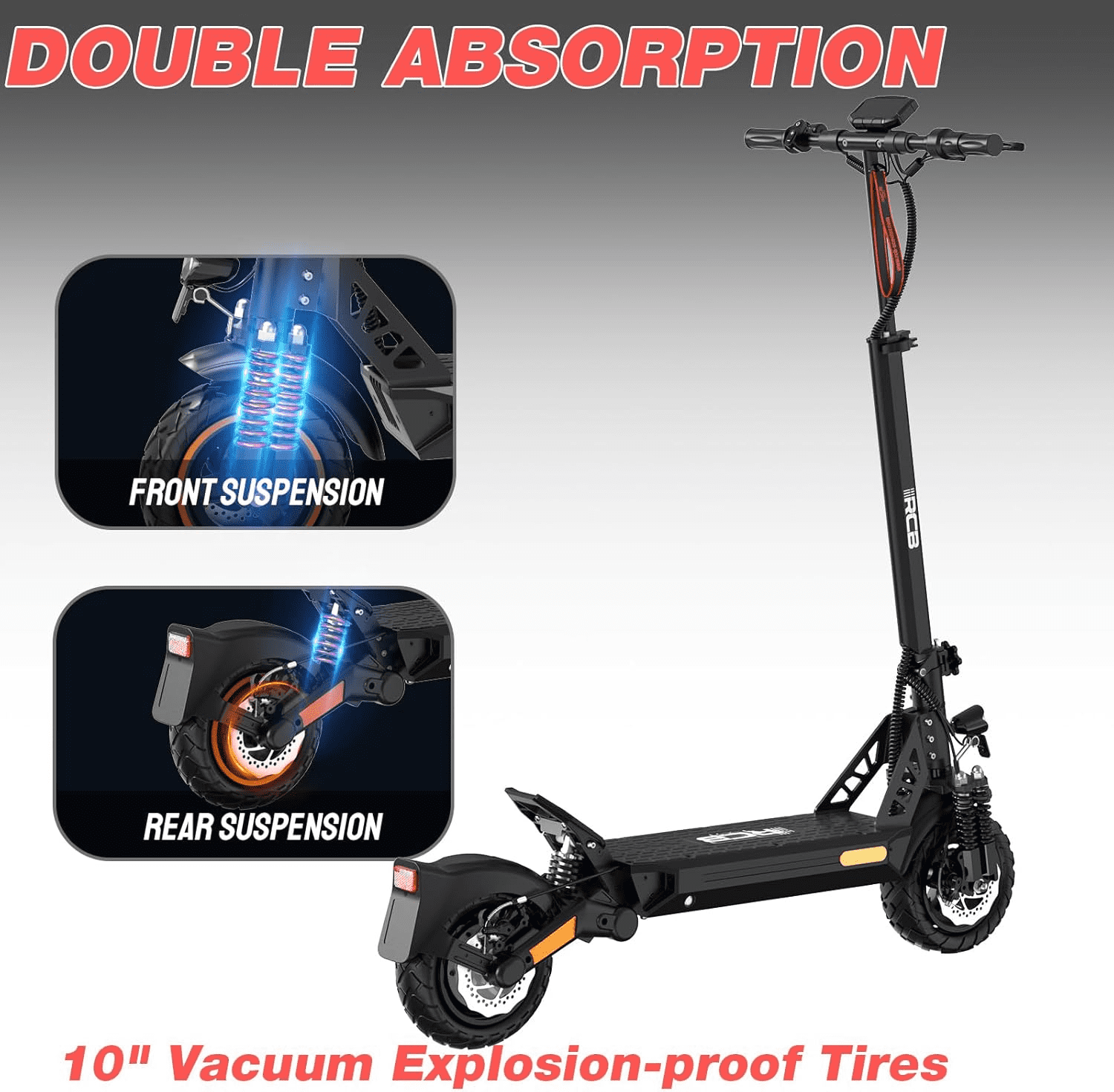 RCB D5PRO Electric Scooter Adult,1600W Peak Motor, 48V27Ah Battery, Up to 80 Miles Range, 10"Anti-Flat Off-Road Tires, Dual Brakes&Dual Suspension, Foldable Commuter Scooter with App & NFC - Image 4