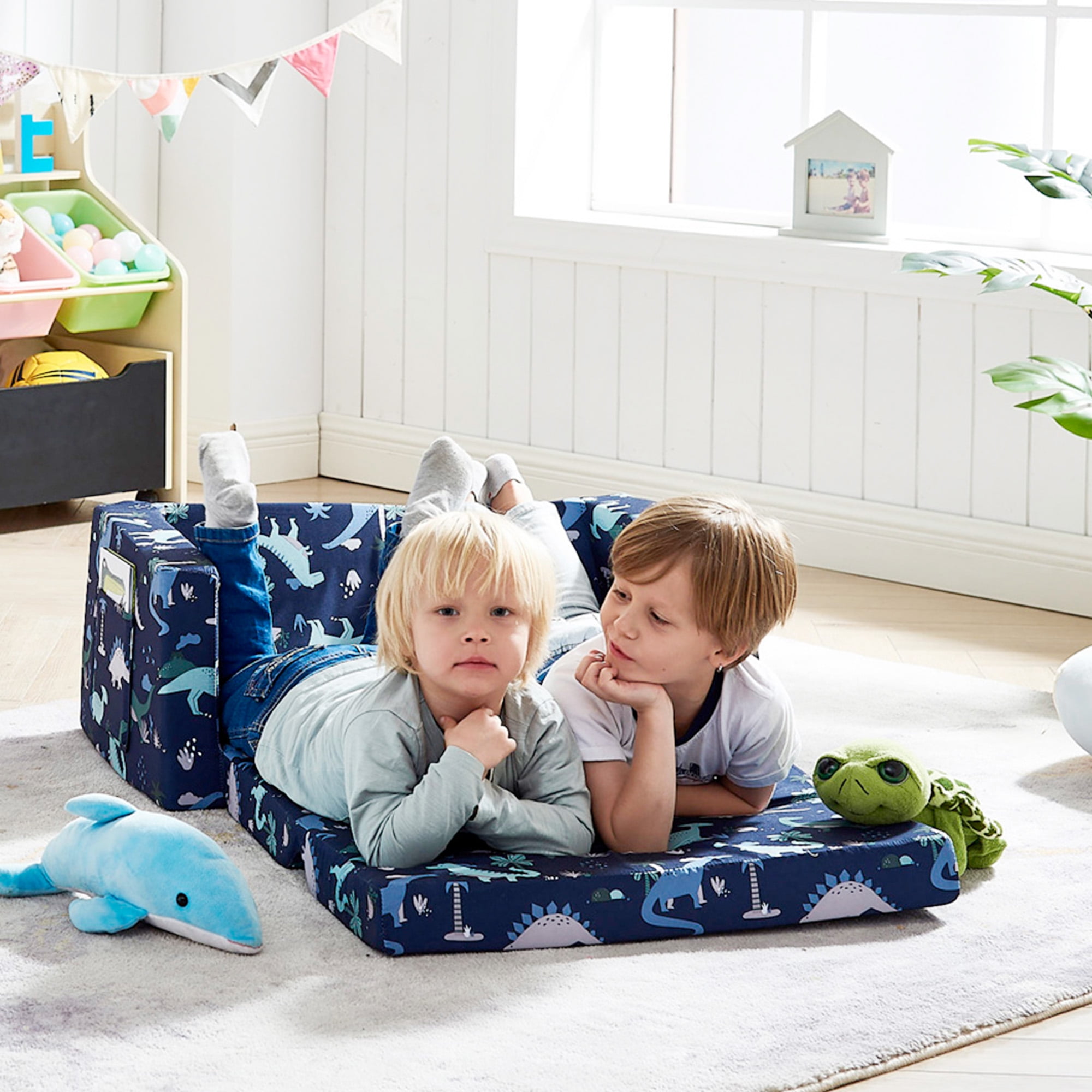 Ulax Furniture Convertible 2-in-1 Flip Open Kids Loveseat/ Couch/ Sleeper Sofa (Navy Dinosaur) - Image 10
