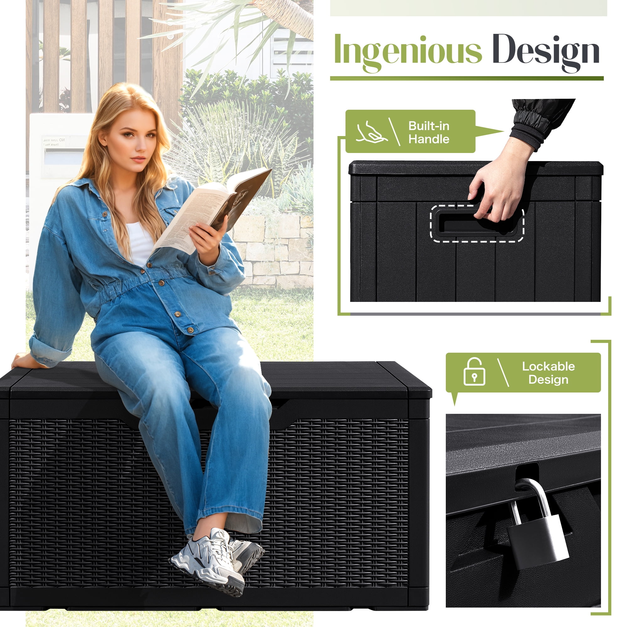 Vineego 100 Gallon All-Weather Resin Deck Box,Indoor Outdoor Lockable Storage Container, Black - Image 5