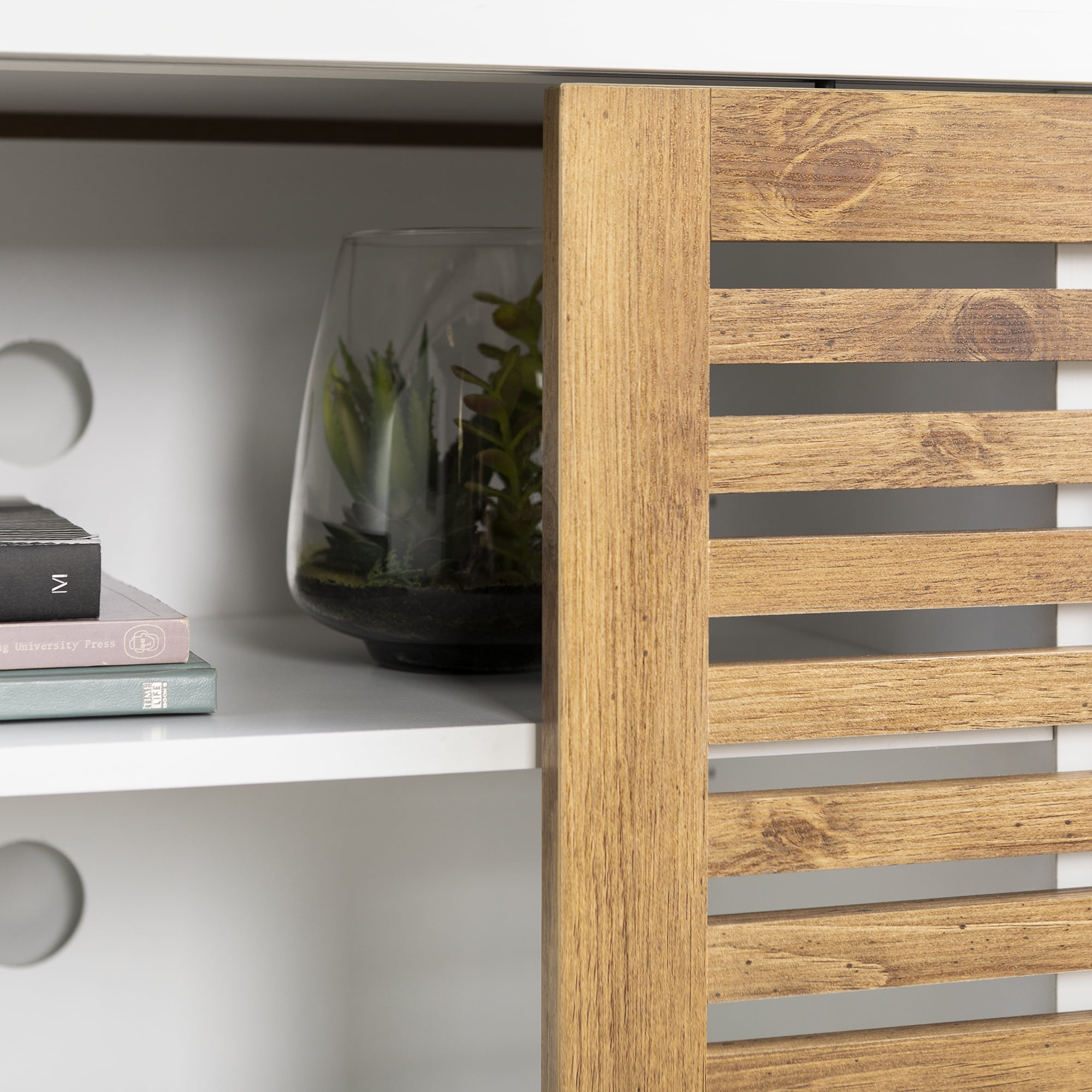 Desert Fields Mid Century Modern TV Stand for TVs up to 58", White/Barnwood - Image 7